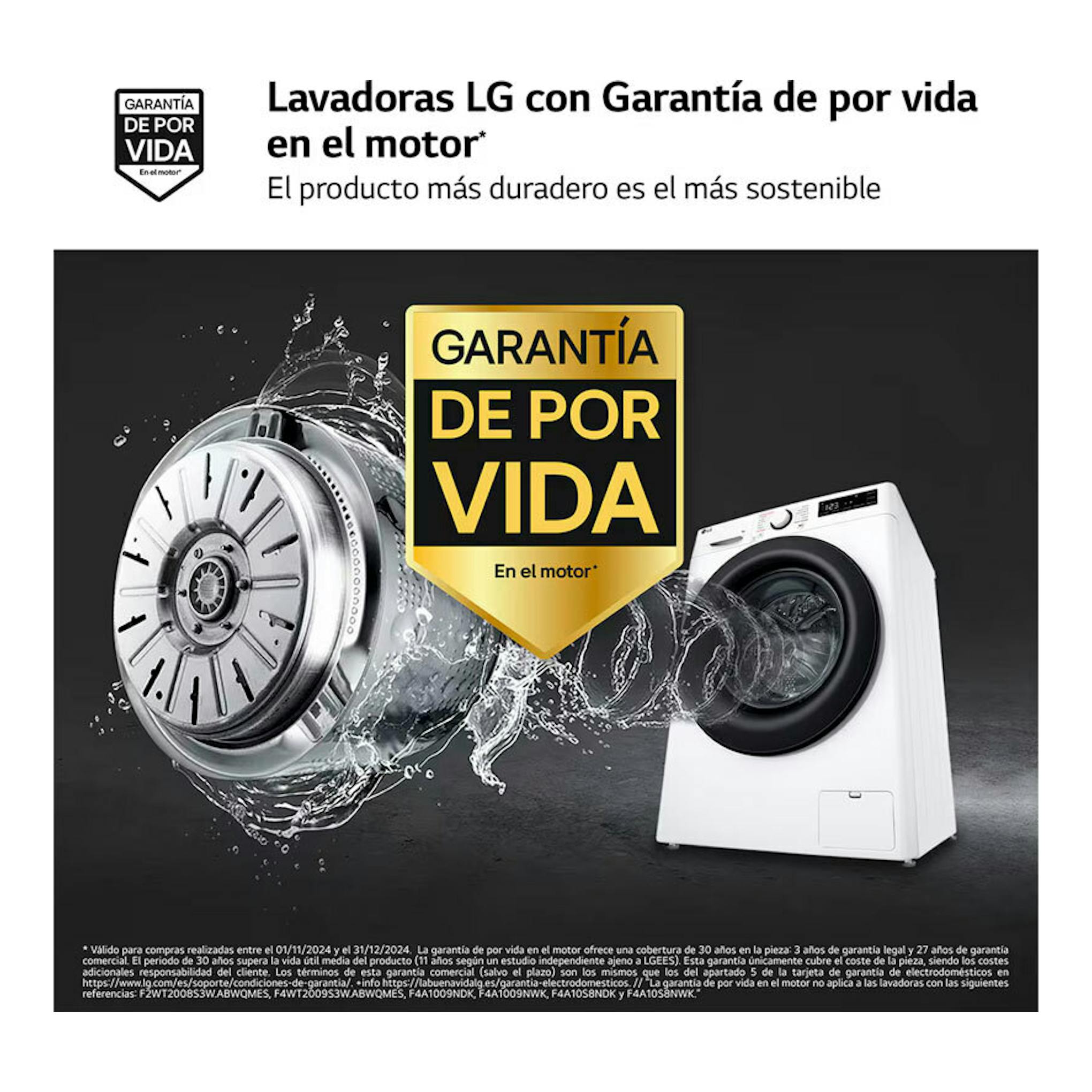 Lavadora LG F2WR5S08A0W blanca, vista frontal, en anuncio con motor y sello de garantía de por vida.