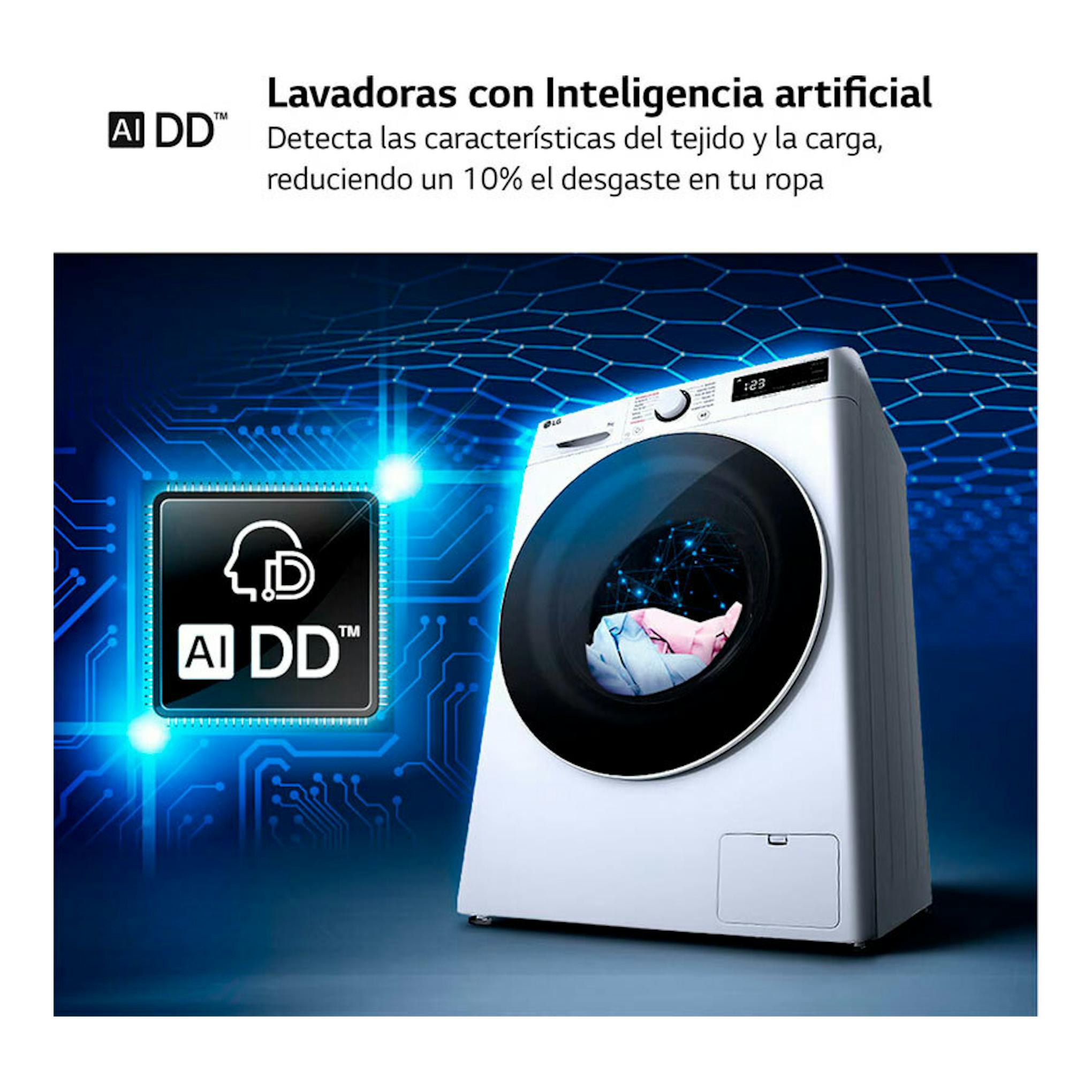 Lavadora LG F2WR5S08A0W blanca de 8 kg, vista frontal, con puerta negra y panel superior.