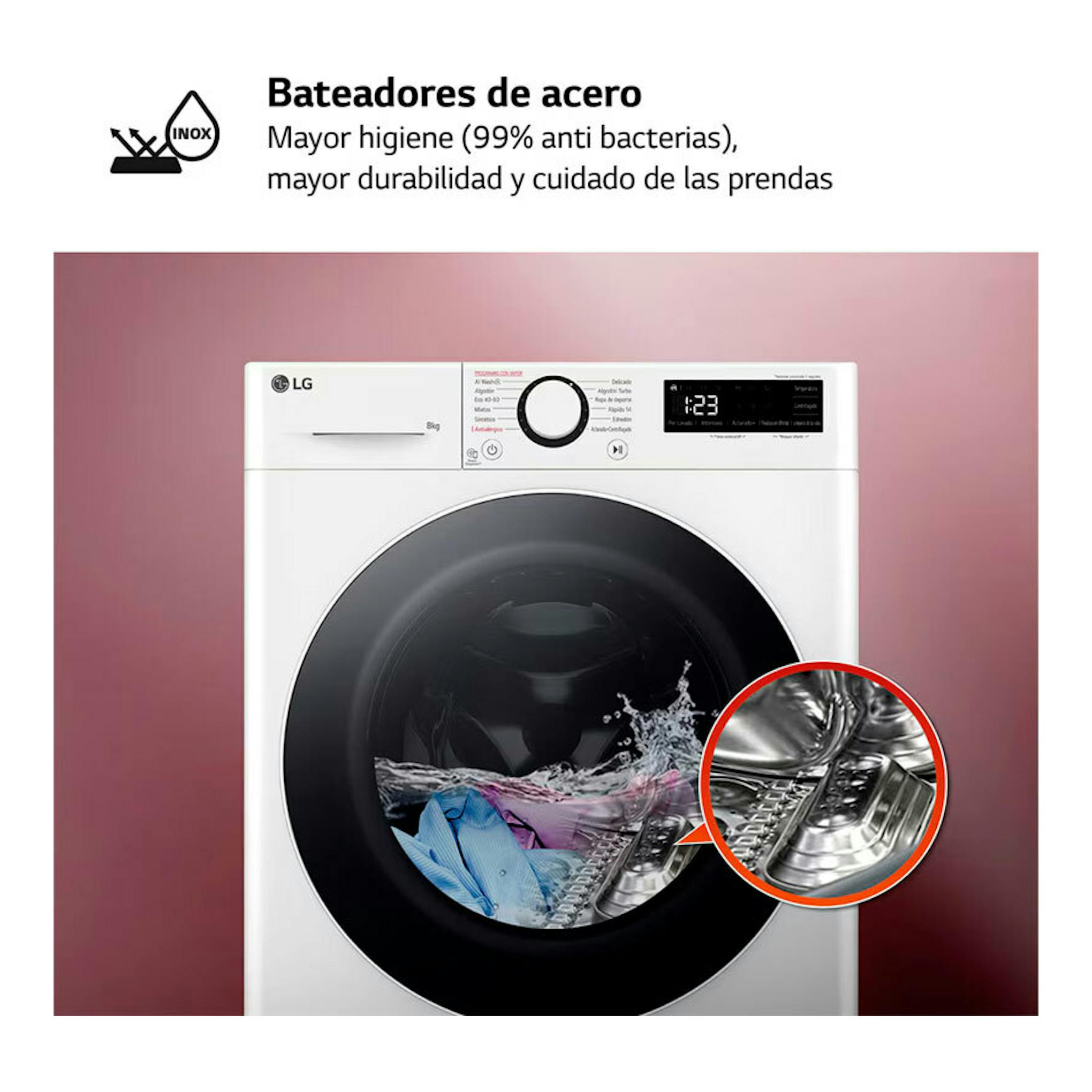 Lavadora LG F2WR5S08A0W blanca, vista frontal, con puerta negra y detalle de bateadores de acero.