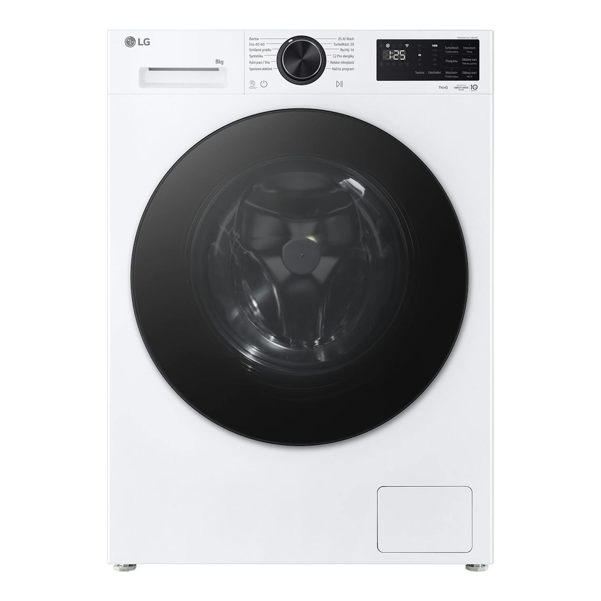 Lavadora LG F2X50S8TLB blanca, vista frontal, con puerta negra circular y panel de control superior.