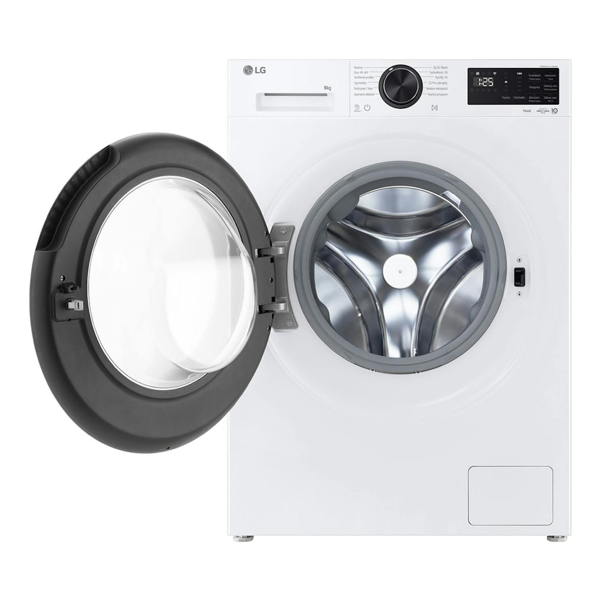 Lavadora LG F2X50S8TLB blanca, frontal, con puerta abierta y tambor visible.