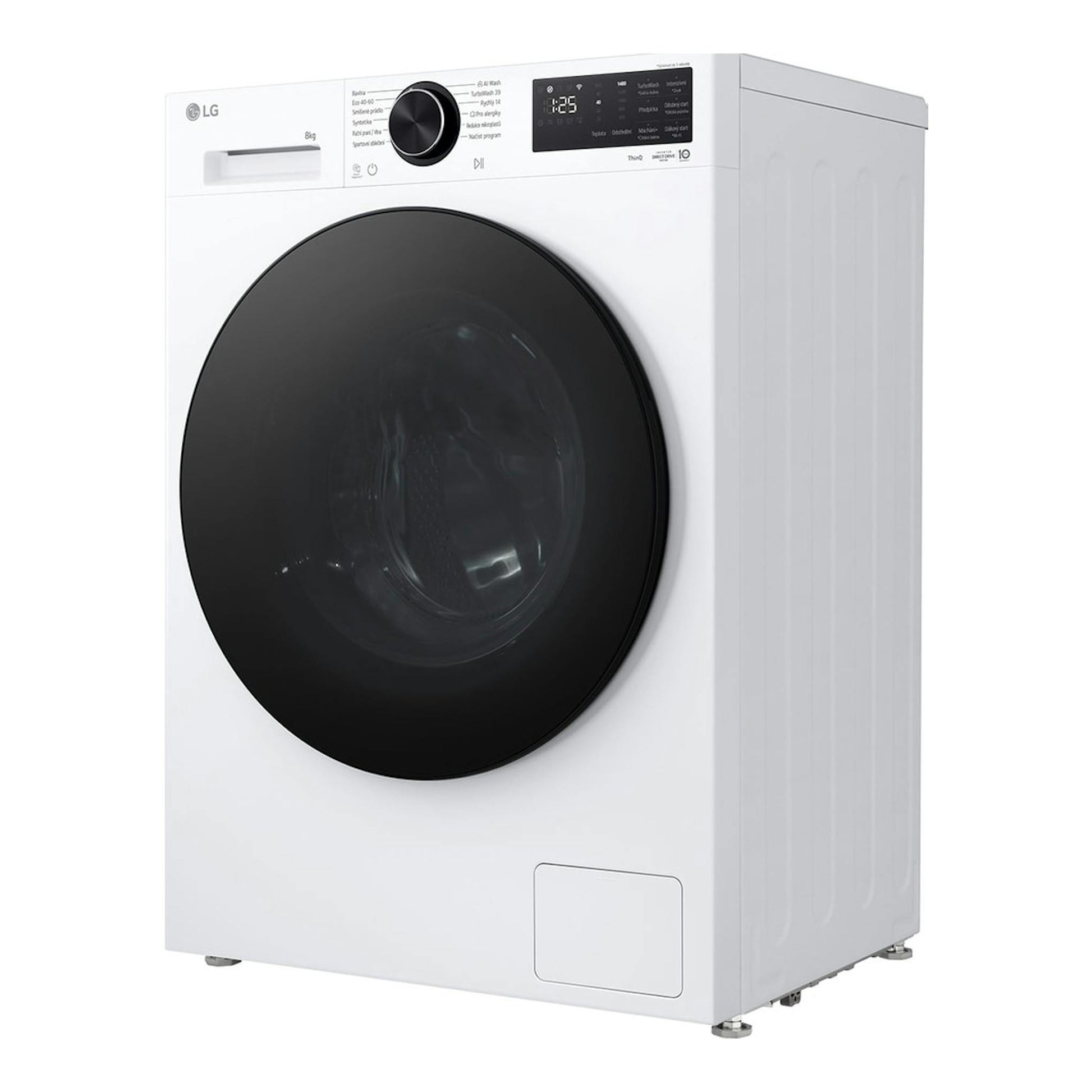 Lavadora LG F2X50S8TLB blanca, vista frontal en ángulo, con puerta negra y panel digital superior.