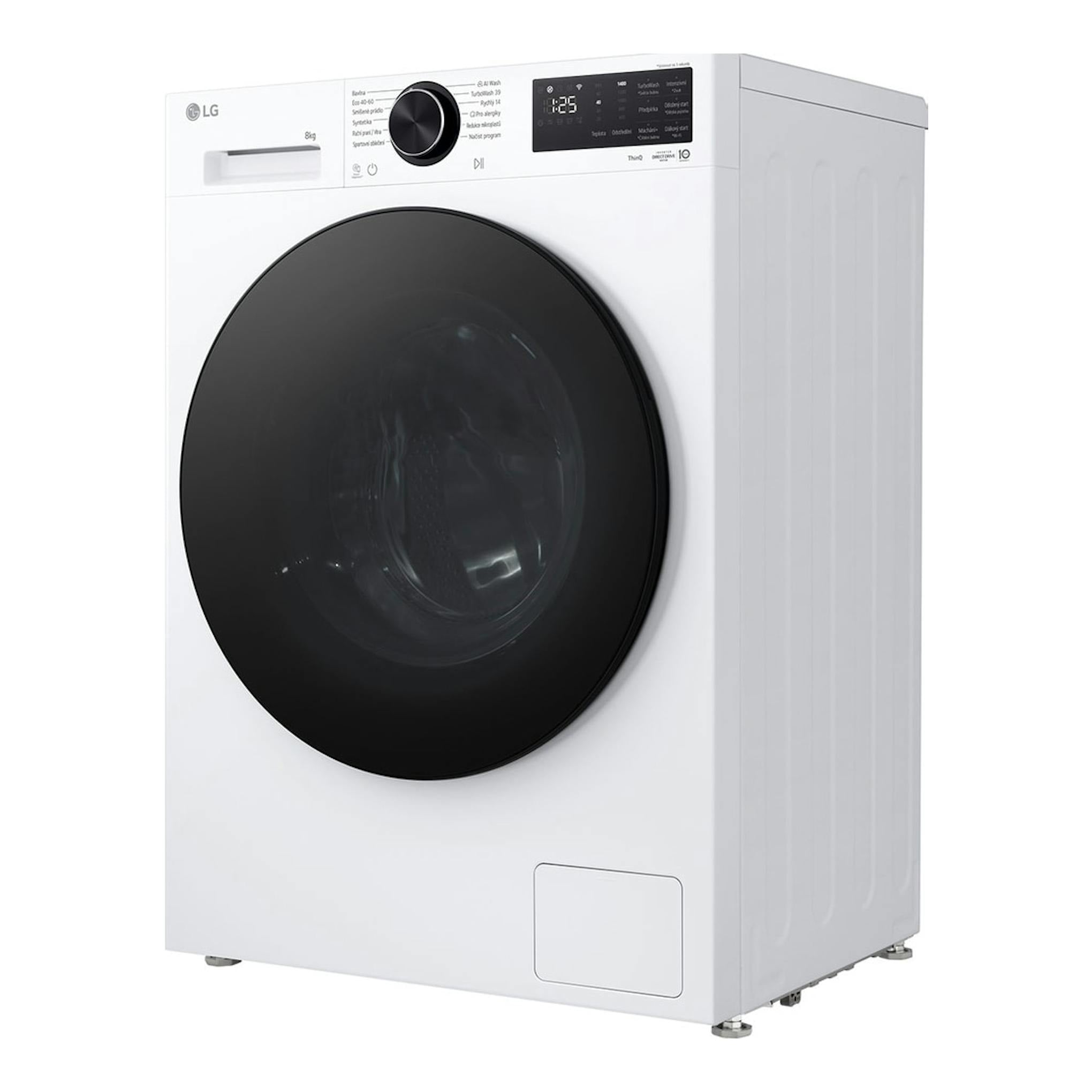 Lavadora LG F2X50S8TLB blanca, vista frontal en ángulo, con puerta negra y panel digital superior.