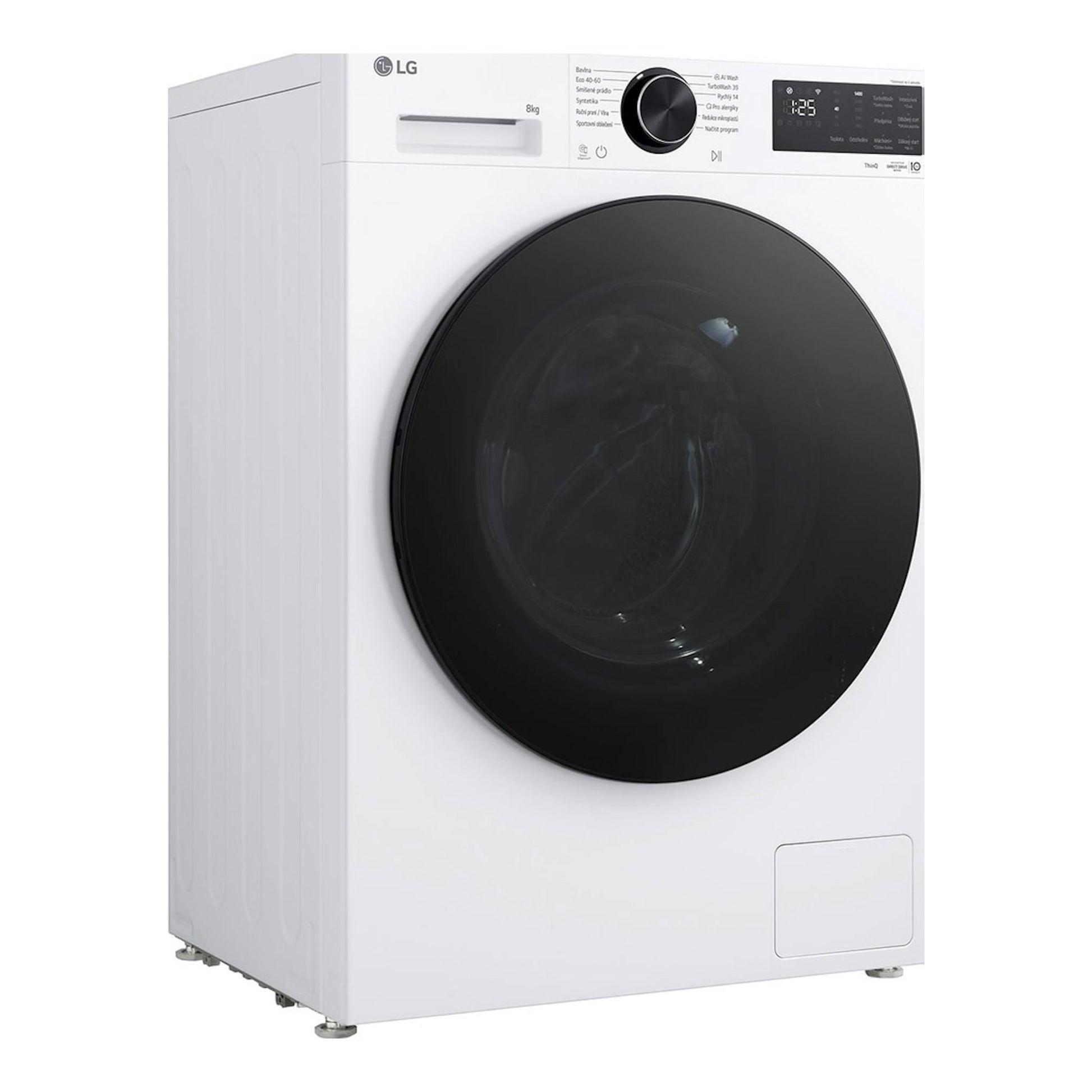 Lavadora LG F2X50S8TLB blanca, vista frontal en ángulo, con puerta circular negra y panel superior.