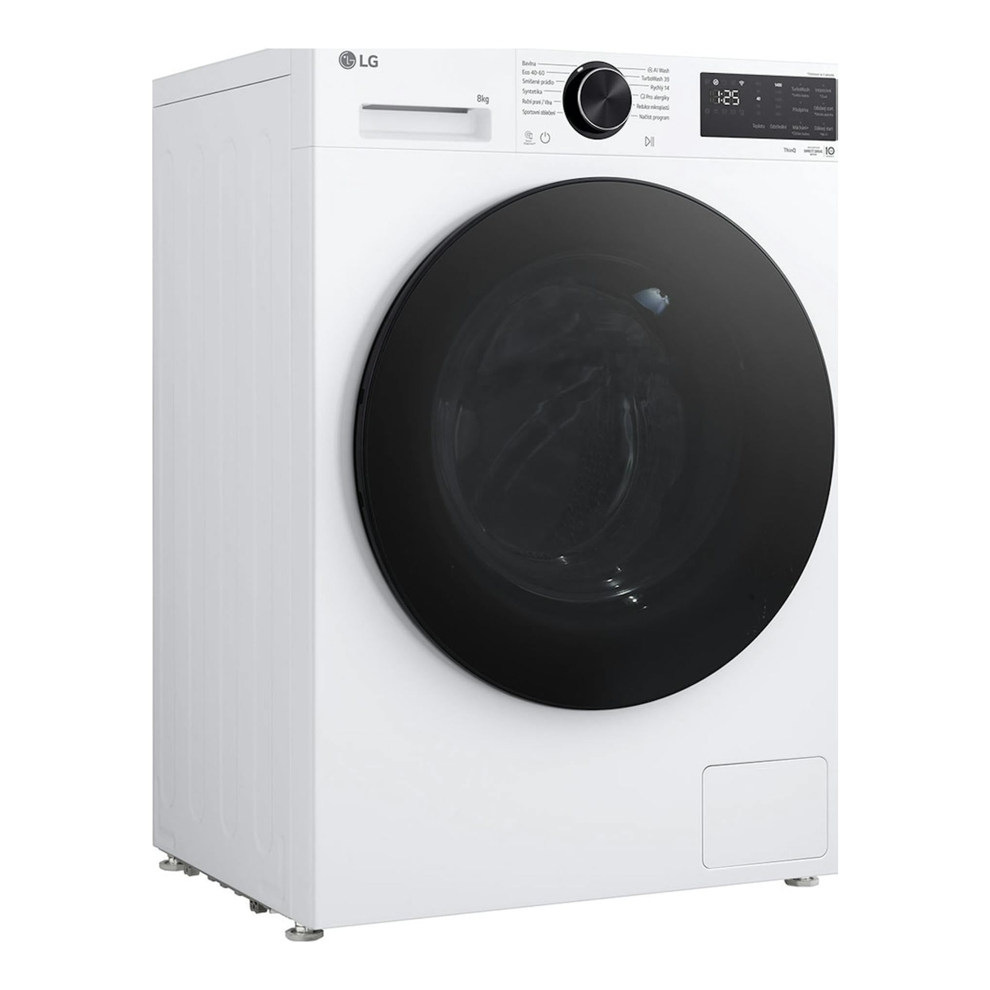 Lavadora LG F2X50S8TLB blanca, vista frontal en ángulo, con puerta circular negra y panel superior.