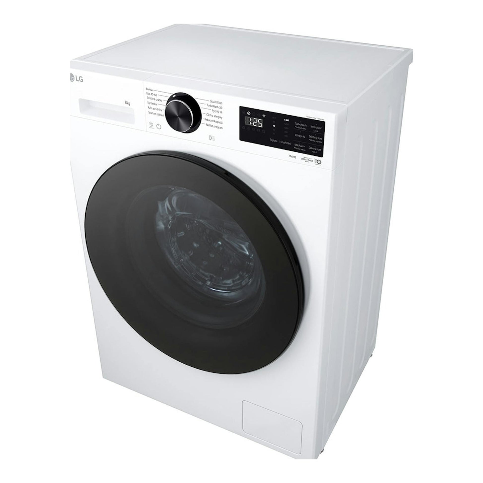 Lavadora LG F2X50S8TLB blanca, vista frontal en ángulo, con puerta negra y panel digital.