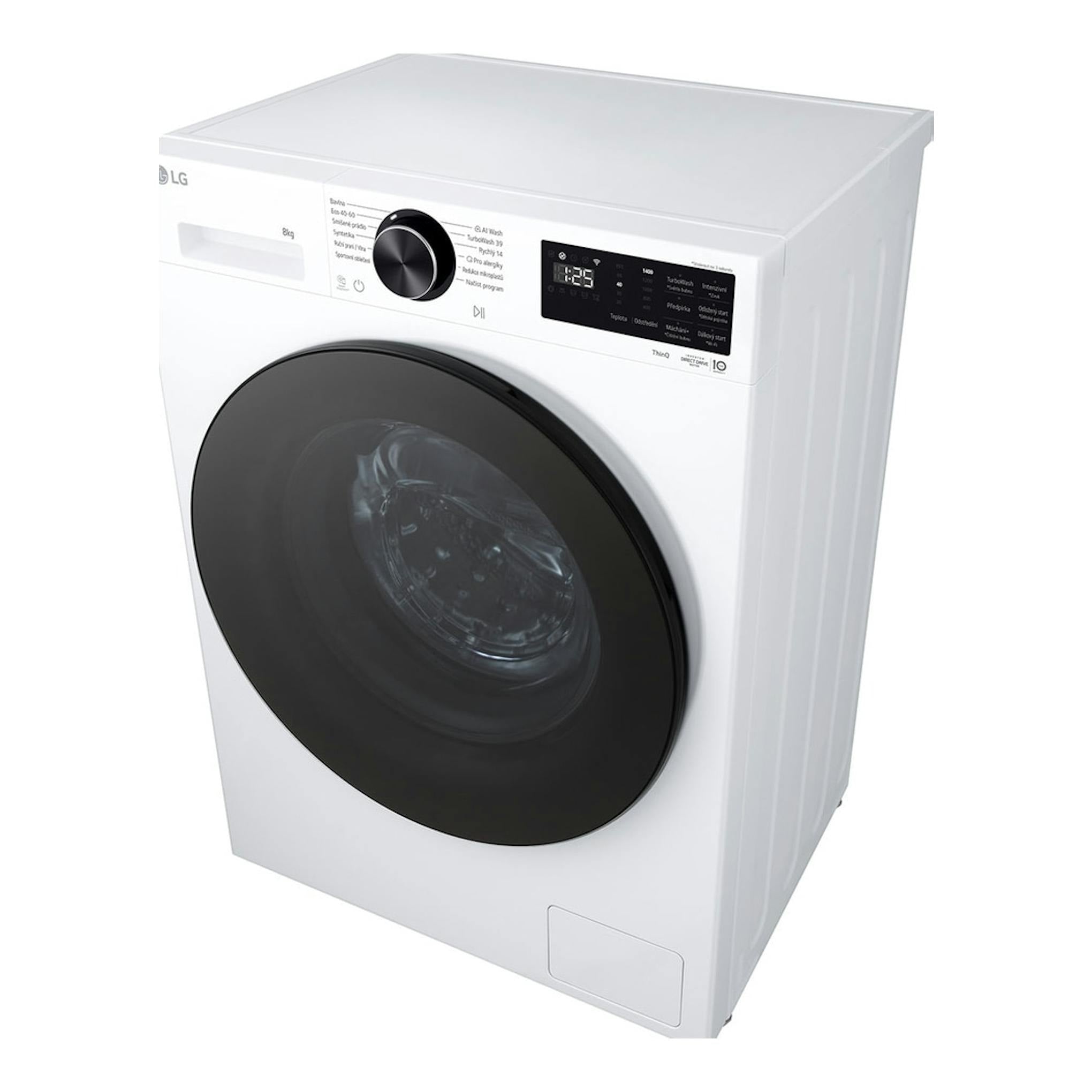 Lavadora LG F2X50S8TLB blanca, vista frontal en ángulo, con puerta negra y panel digital.