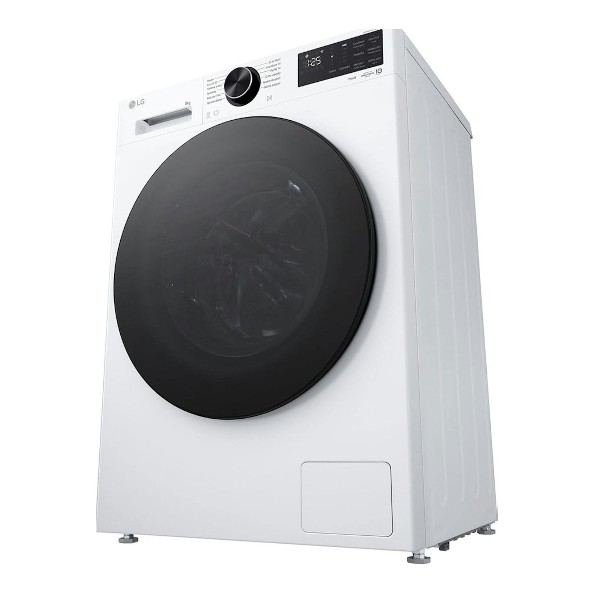 Lavadora LG F2X50S8TLB blanca, vista frontal en ángulo, con puerta negra y panel digital superior.