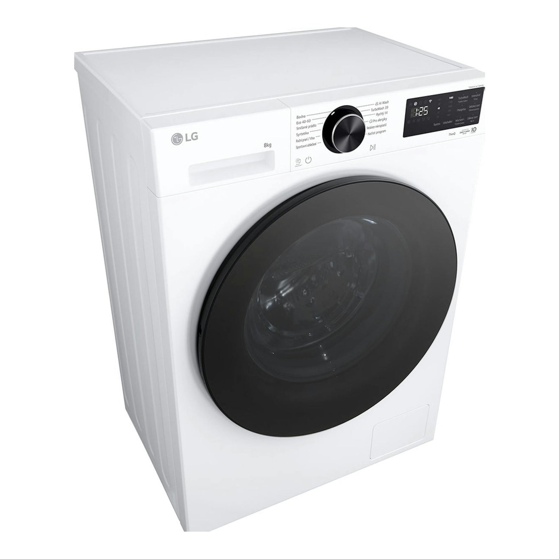 Lavadora LG F2X50S8TLB blanca, vista frontal en ángulo, con puerta negra y panel de control superior.