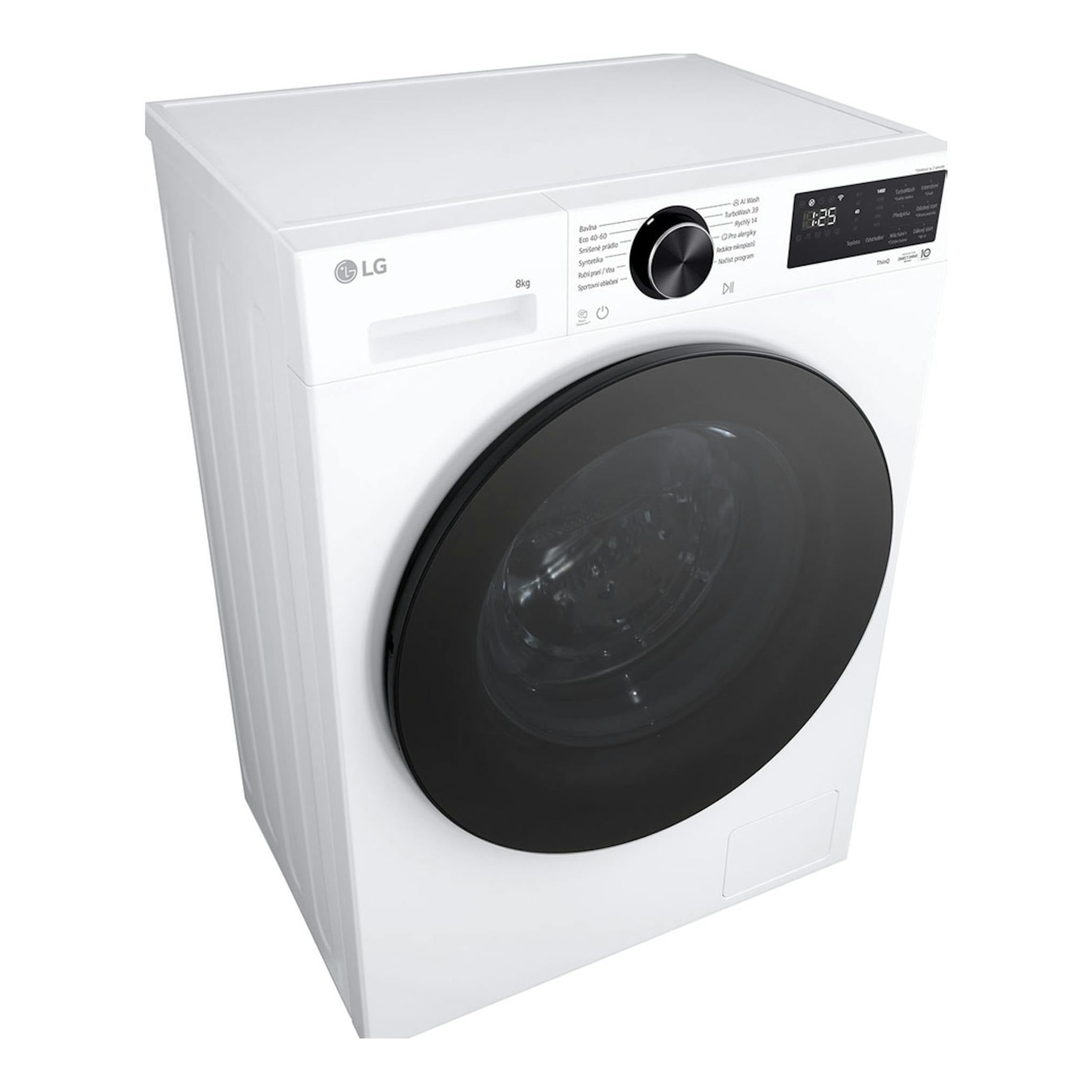 Lavadora LG F2X50S8TLB blanca, vista frontal en ángulo, con puerta negra y panel de control superior.