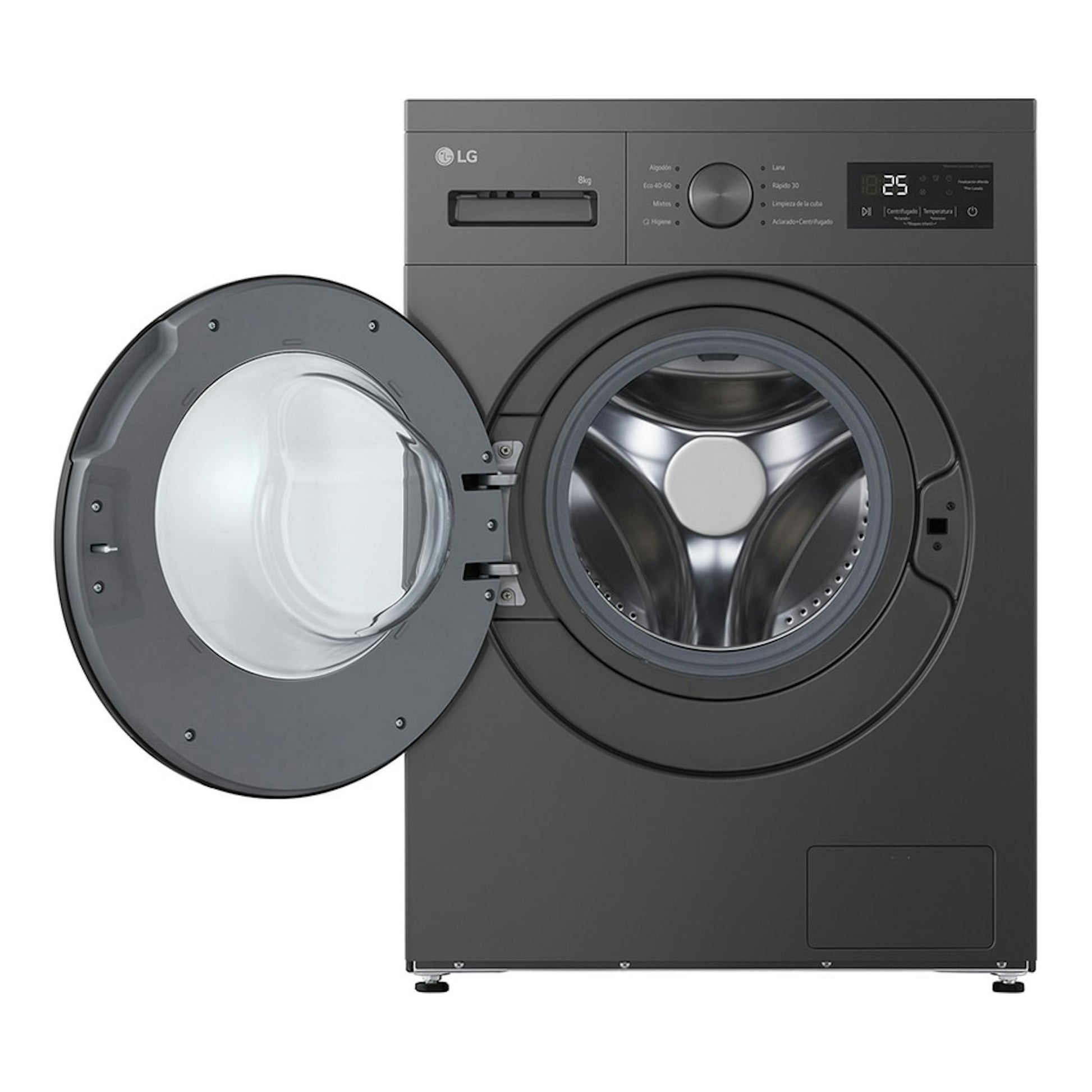 Lavadora LG F4A10S8NDK gris oscuro, vista frontal, con la puerta abierta.