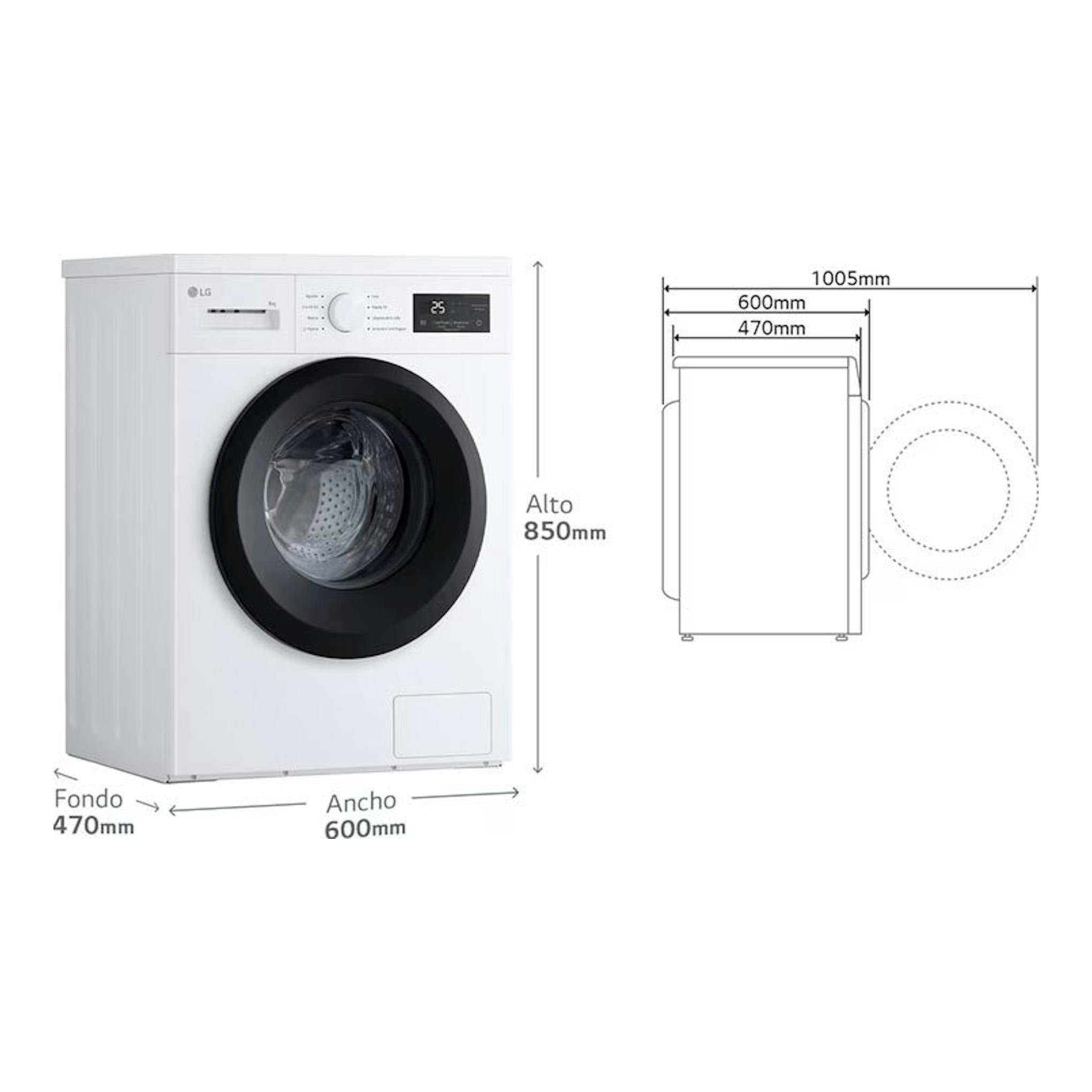 Lavadora LG F4A10S8NWK blanca de carga frontal, vista en ángulo, con medidas 850 x 600 x 470 mm.