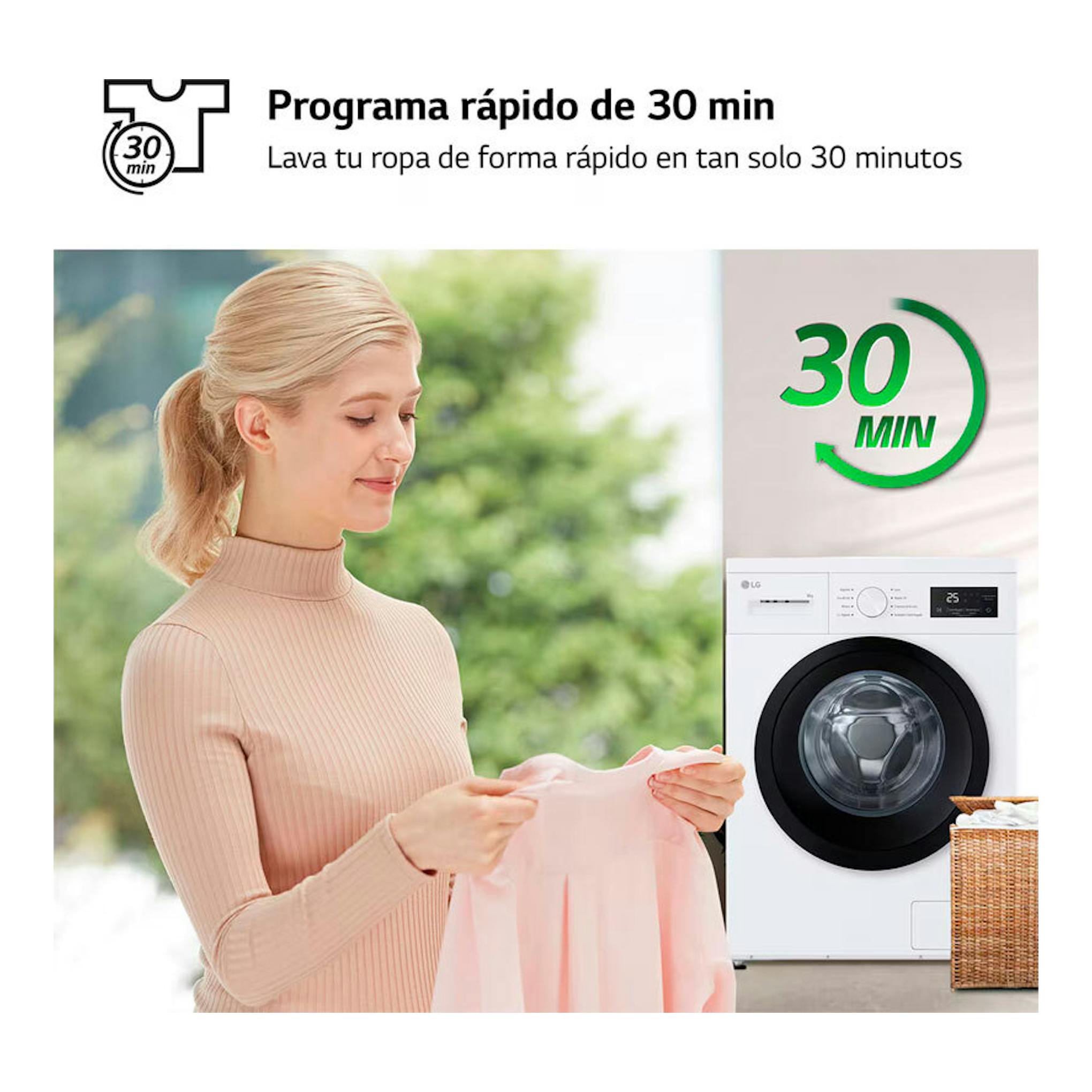 Lavadora LG F4A10S8NWK blanca de carga frontal junto a una mujer con una camiseta y el texto “30 min”.
