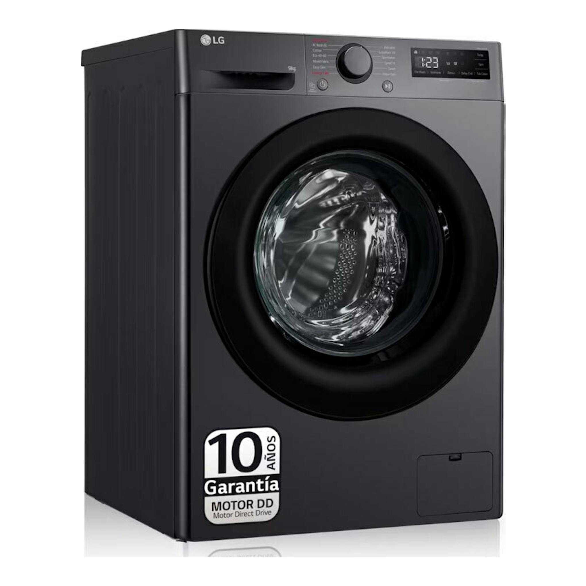 Lavadora frontal LG F4WR5009A6M negra/gris oscuro, vista frontal en ángulo, con puerta circular y panel digital.