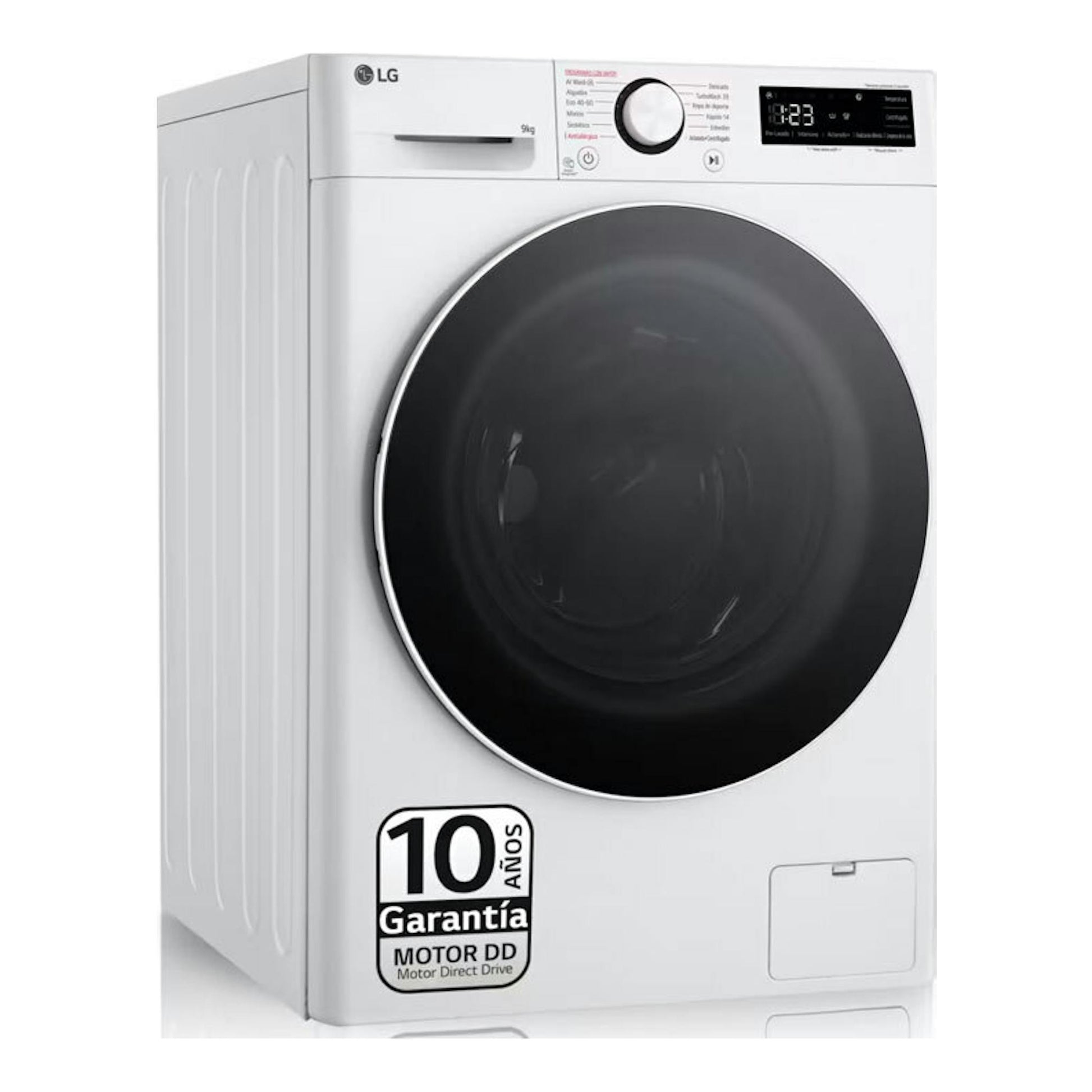 Lavadora frontal LG F4WR6009A0W blanca, vista frontal en ángulo, con puerta negra y panel digital superior.