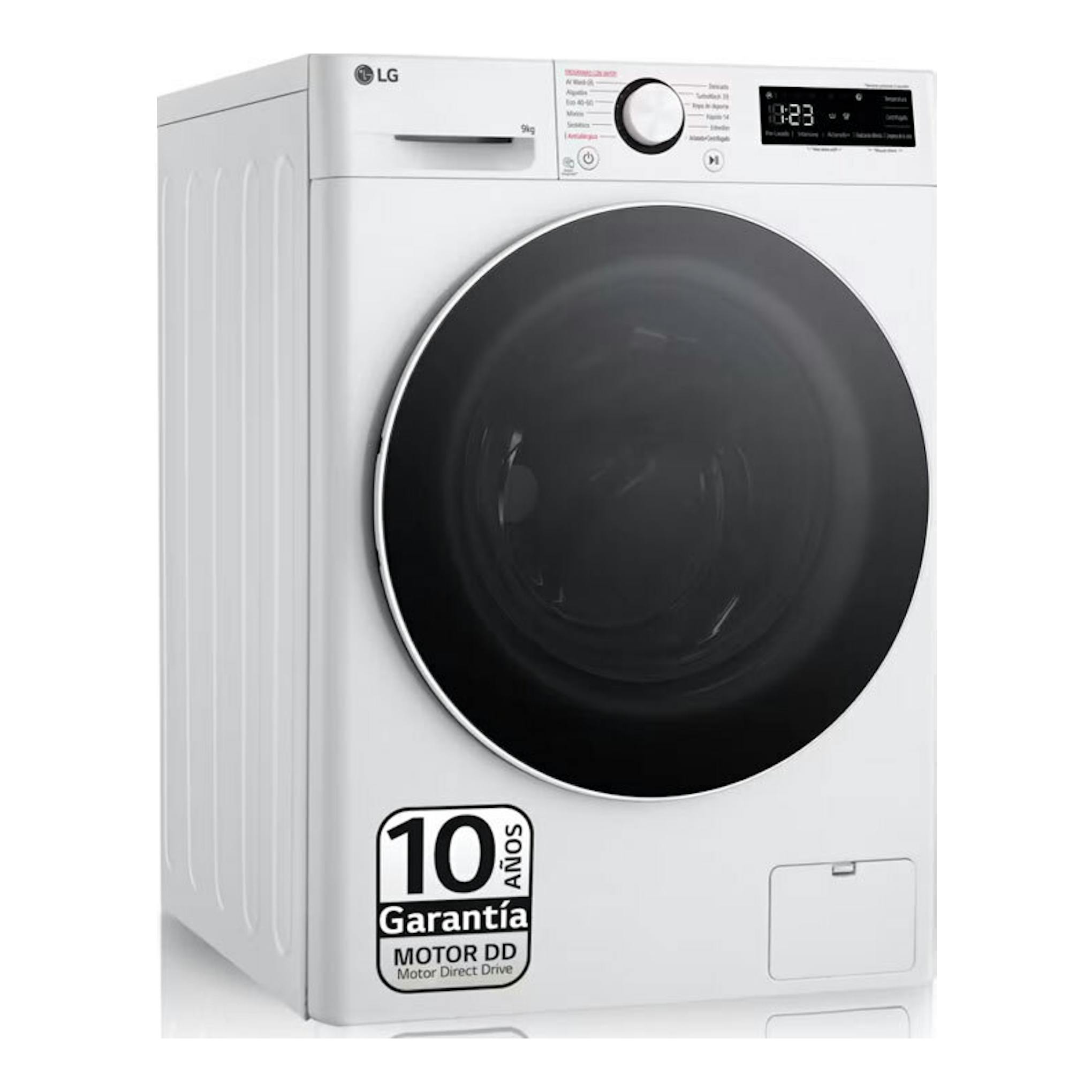 Lavadora frontal LG F4WR6009A0W blanca, vista frontal en ángulo, con puerta negra y panel digital superior.