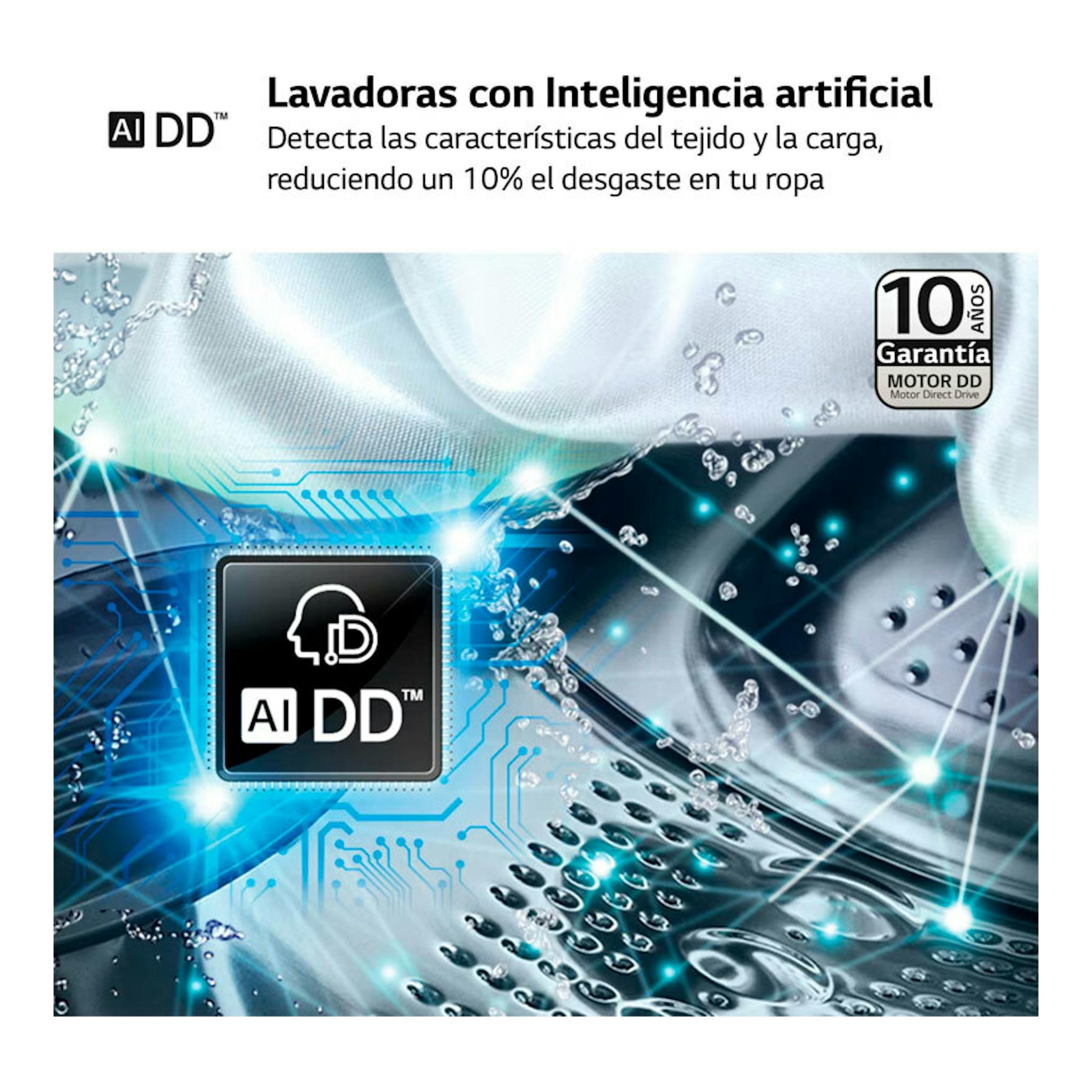 Imagen promocional de lavadora LG AI DD, con texto sobre inteligencia artificial y garantía de 10 años.