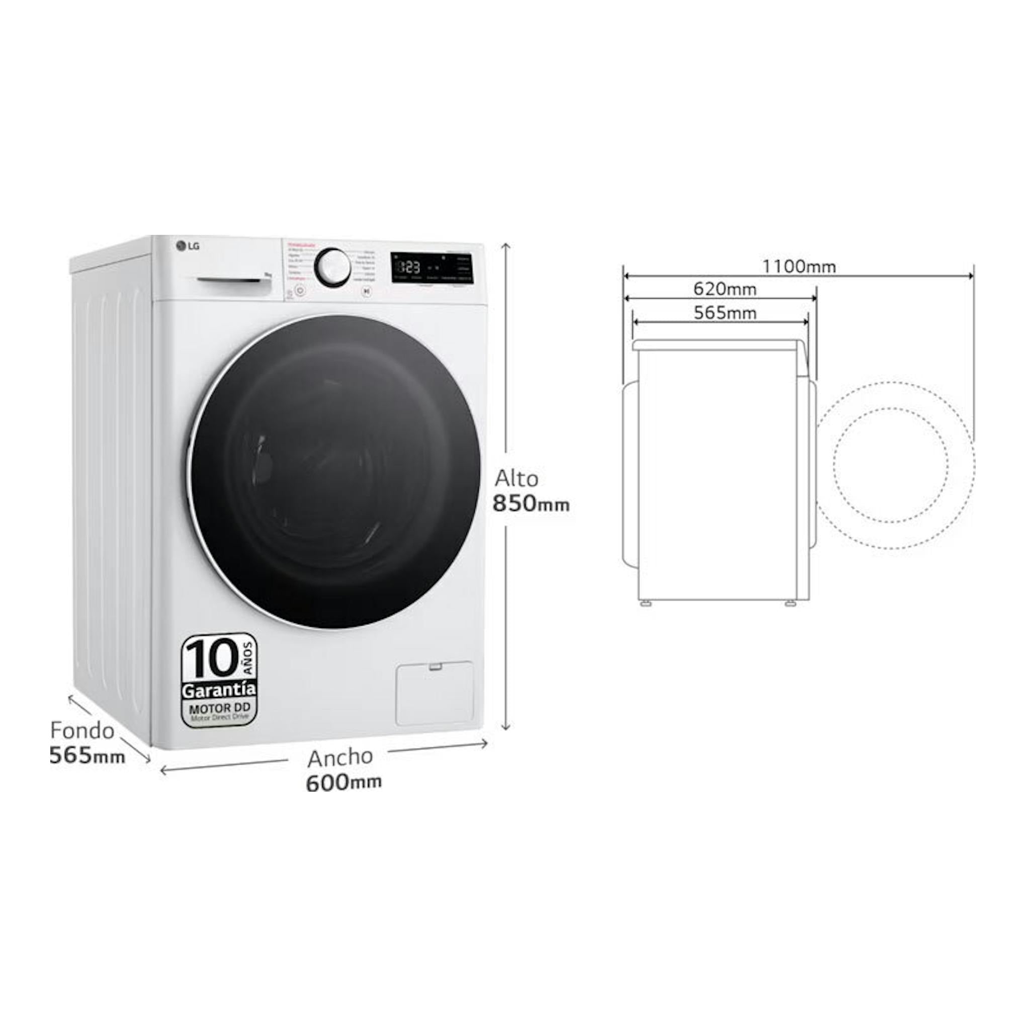 Lavadora LG F4WR6009A0W blanca, vista frontal y lateral con medidas: 850 x 600 x 565 mm.