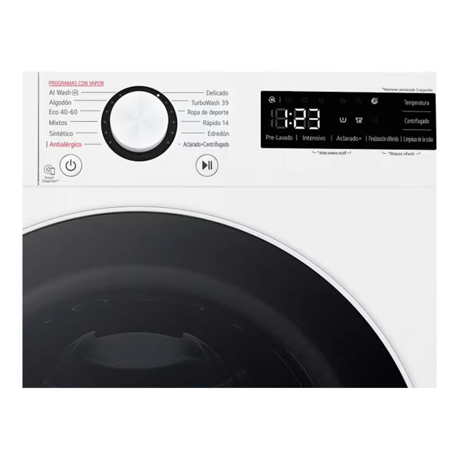 Lavadora LG F4WR6009A0W blanca, vista frontal parcial, con panel negro digital y puerta redonda.
