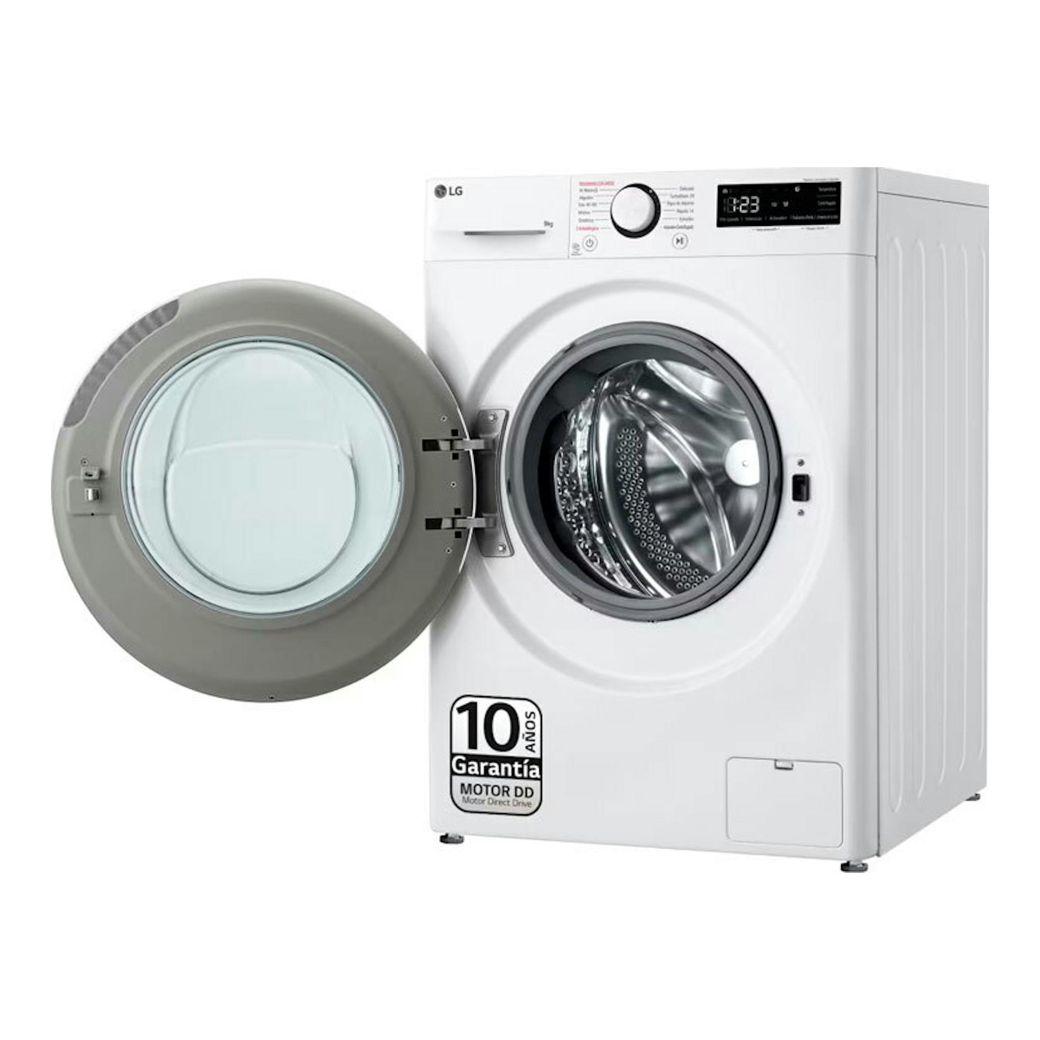 Lavadora LG F4WR6009A0W blanca, carga frontal, puerta abierta, vista frontal en ángulo.