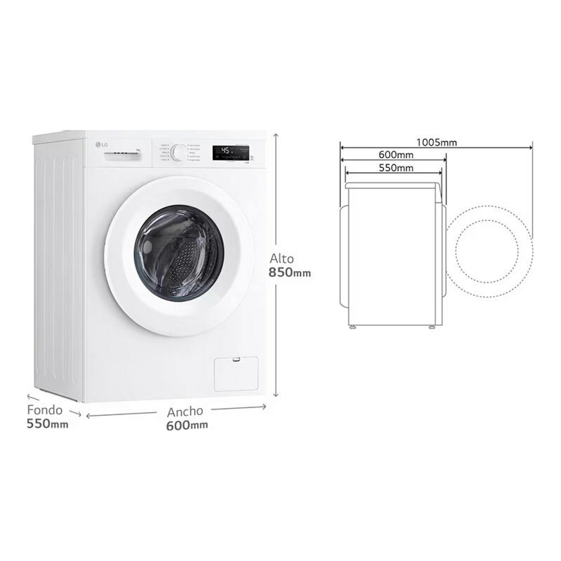 Lavadora LG F4X1008NWH blanca, vista frontal en perspectiva, con medidas de 850 x 600 x 550 mm.