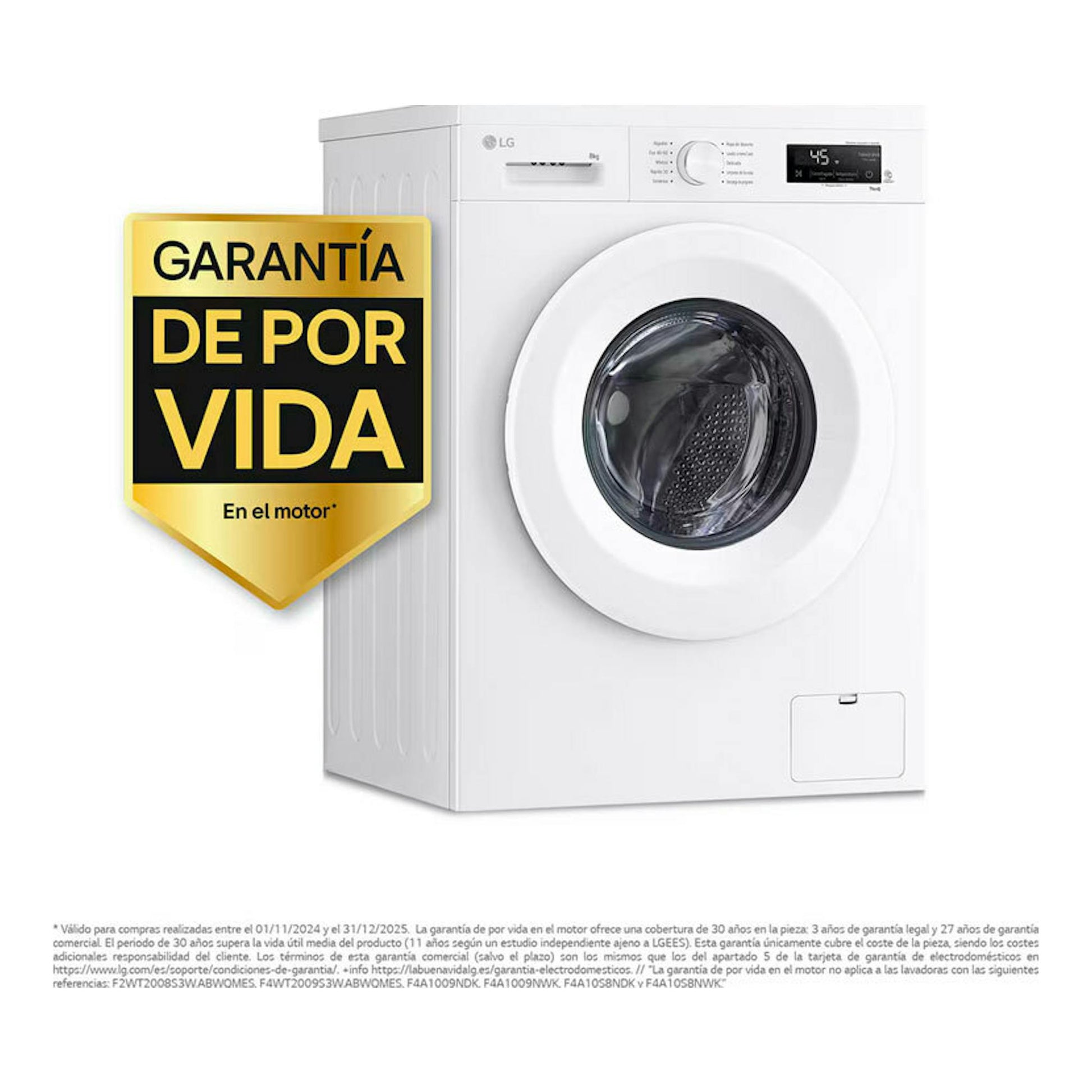 Lavadora LG F4X1008NWH blanca, vista frontal, con puerta circular y panel digital.