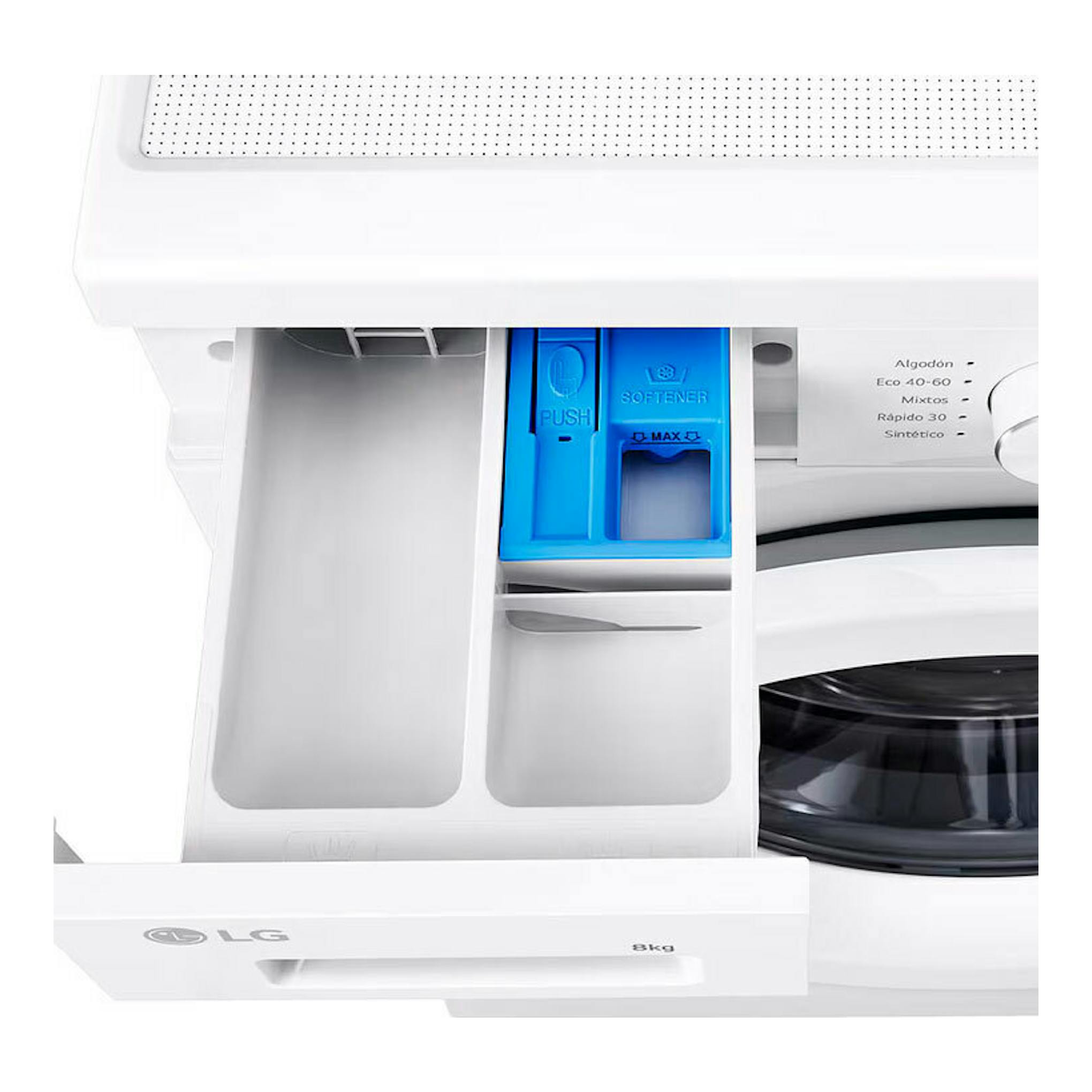 Lavadora LG F4X1008NWH blanca, vista frontal parcial con cajetín de detergente abierto.