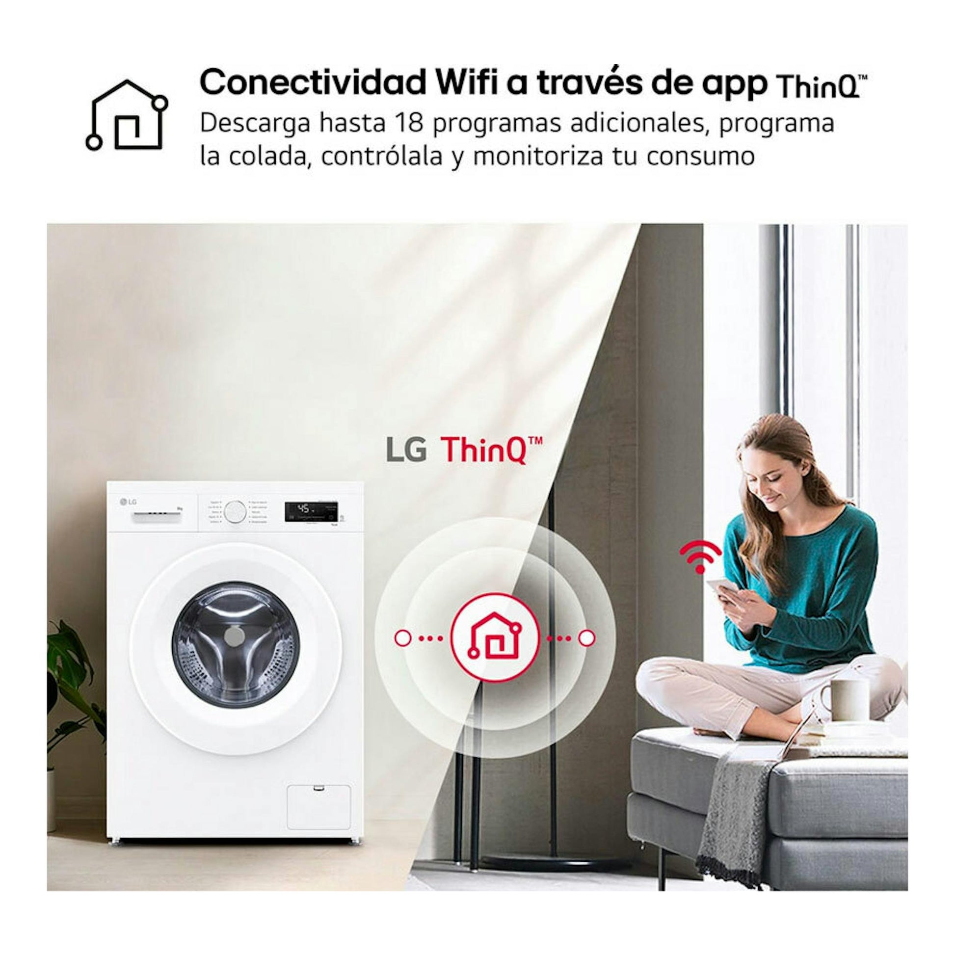 Lavadora LG blanca de carga frontal, vista frontal, con logo ThinQ y una mujer usando el móvil.