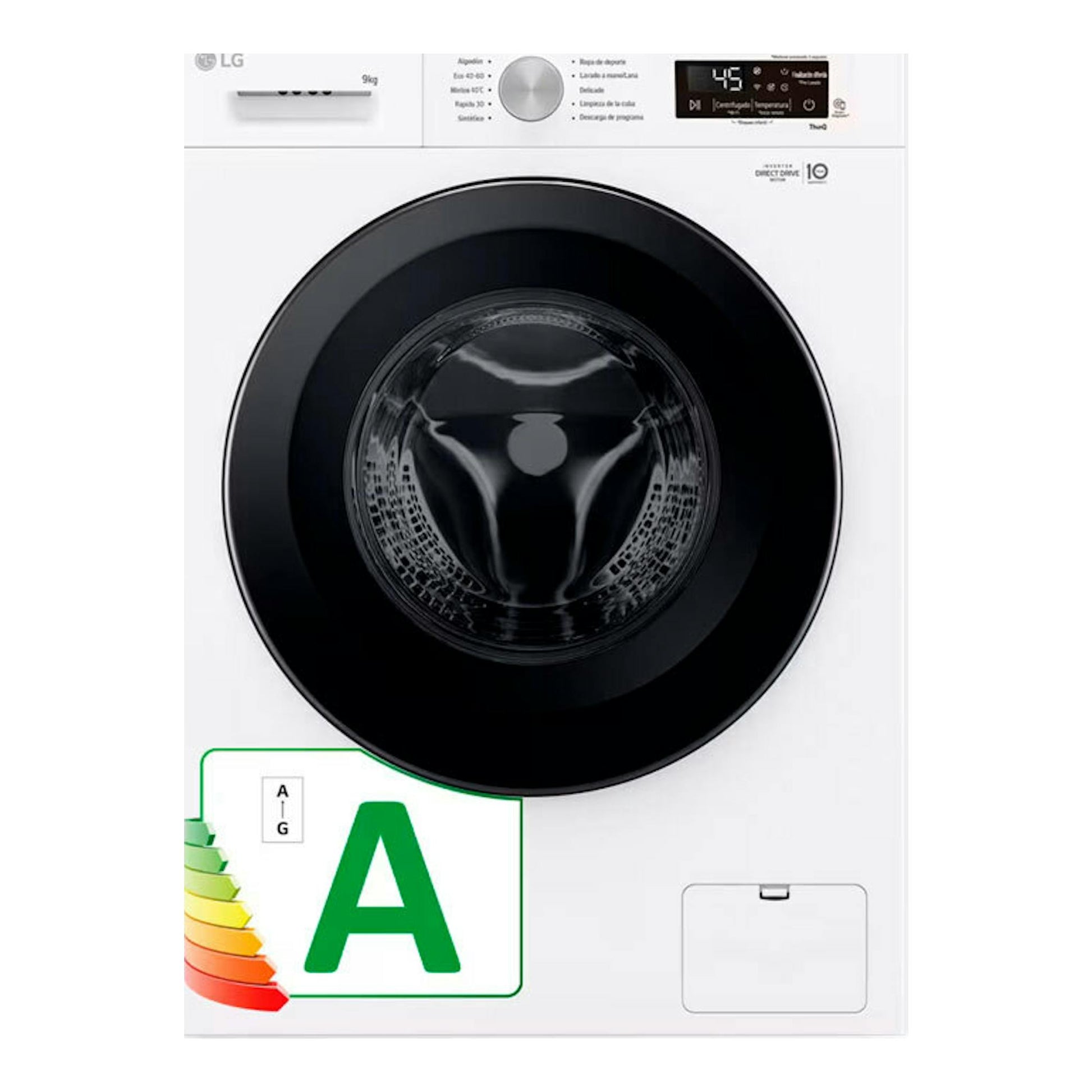 Lavadora LG F4X1009NWK blanca, vista frontal, con puerta negra circular y panel digital superior.