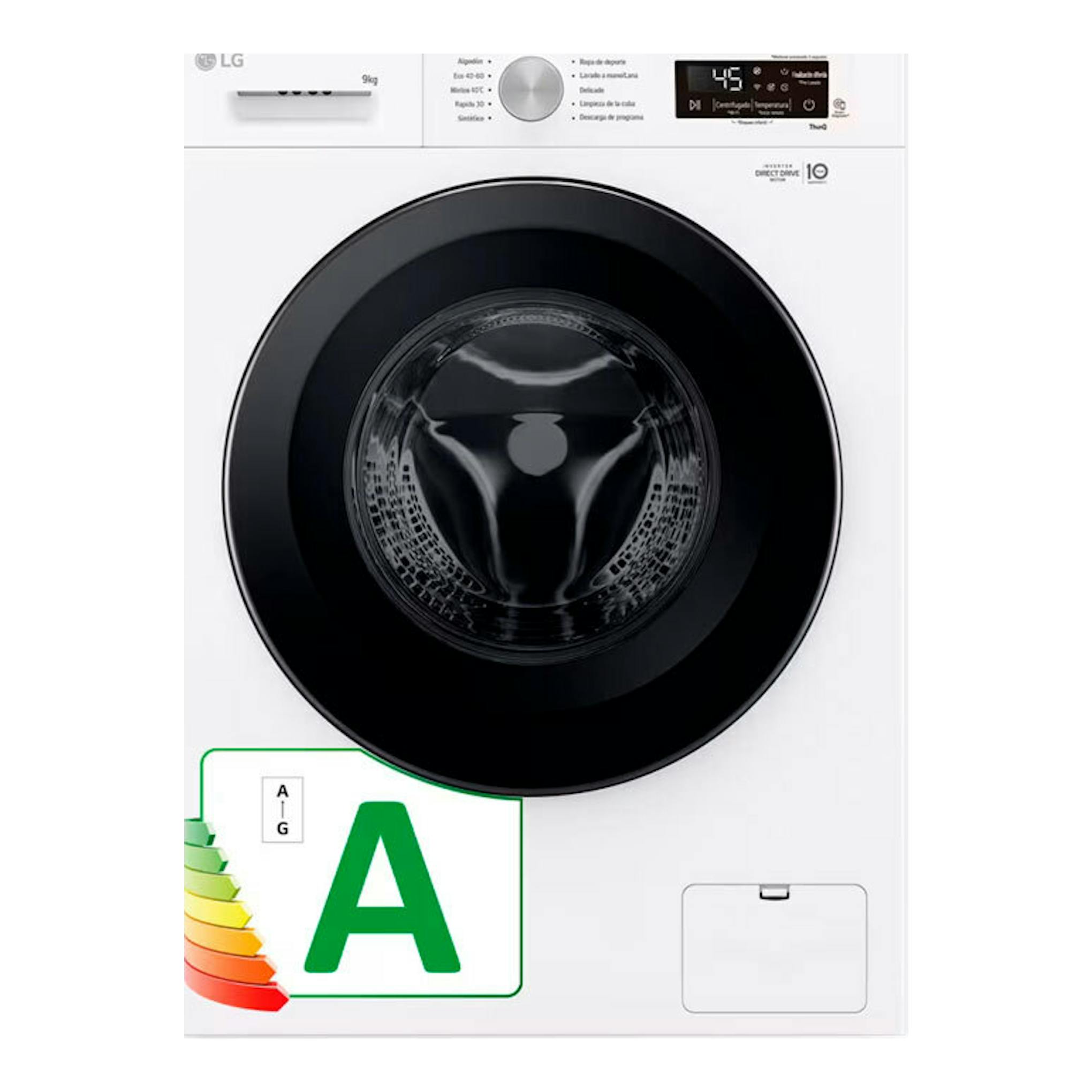Lavadora LG F4X1009NWK blanca, vista frontal, con puerta negra circular y panel digital superior.