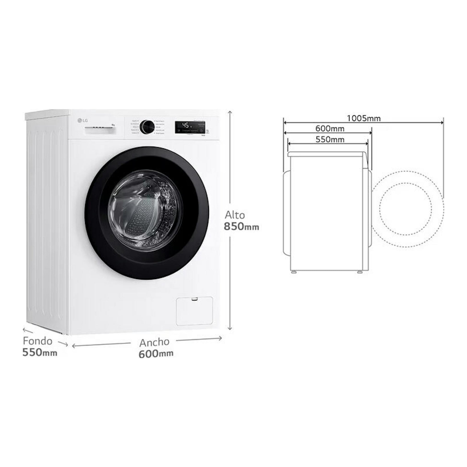 Lavadora LG F4X1009NWK blanca, vista frontal y esquema lateral con medidas 850×600×550 mm.