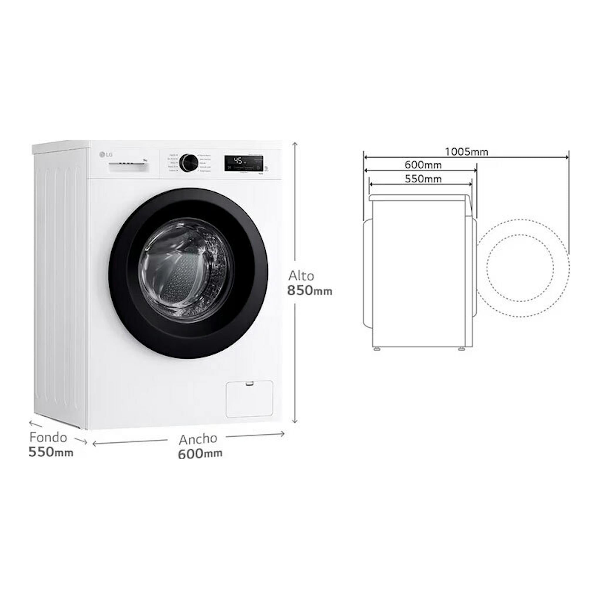 Lavadora LG F4X1009NWK blanca, vista frontal y esquema lateral con medidas 850×600×550 mm.