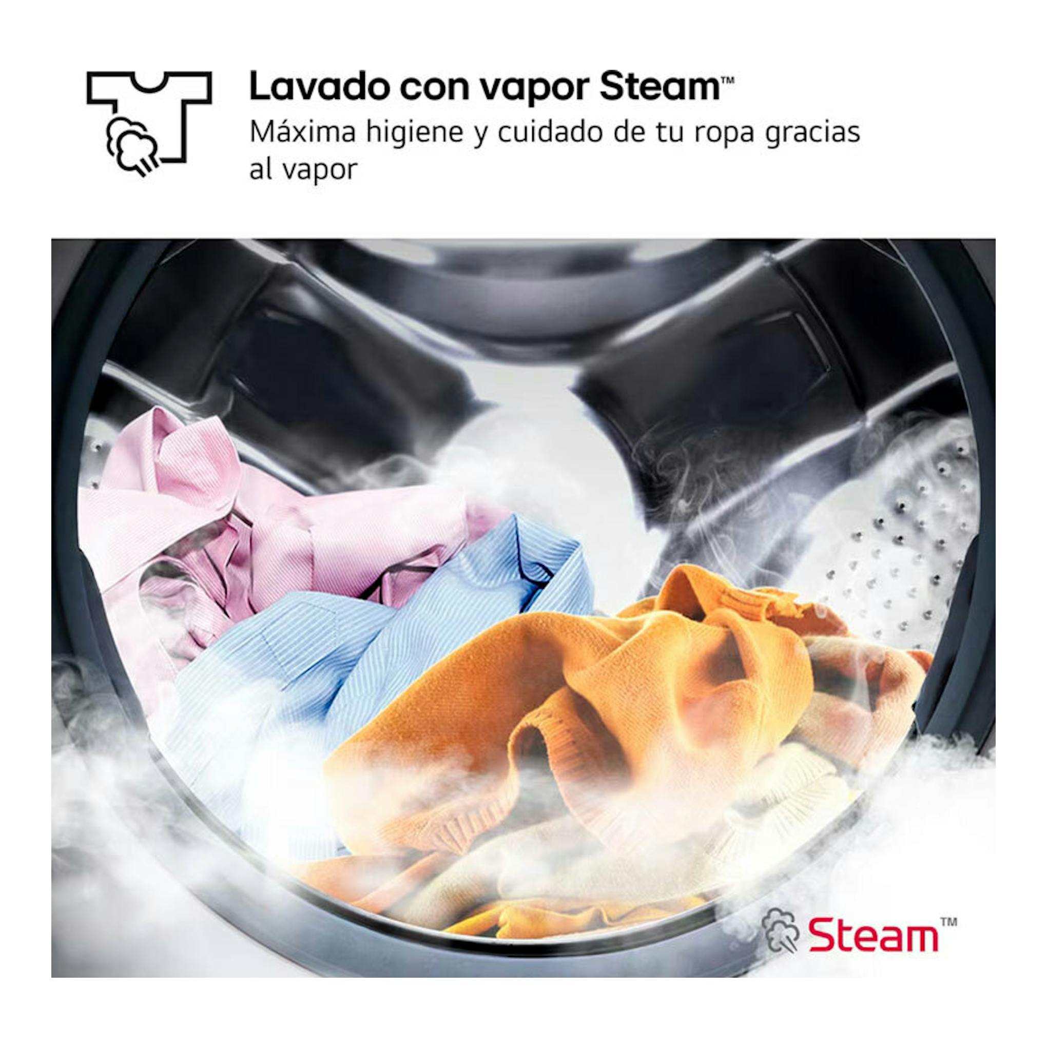 LG F4X1009NWK: vista frontal del tambor de una lavadora con ropa de colores y vapor Steam.