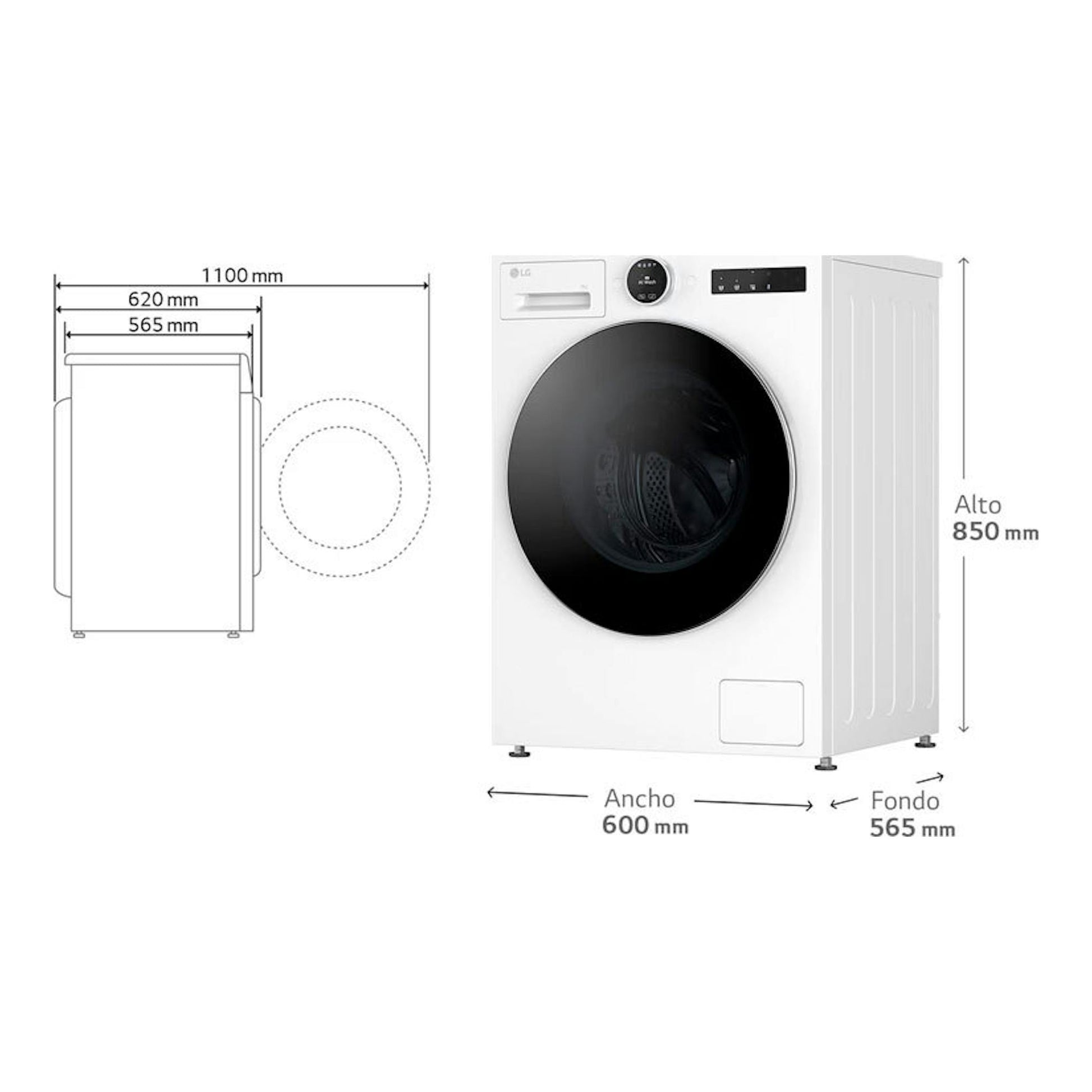 Lavadora LG F4X9009TWCE blanca, vista frontal y lateral, puerta negra, medidas 850 x 600 x 565 mm.