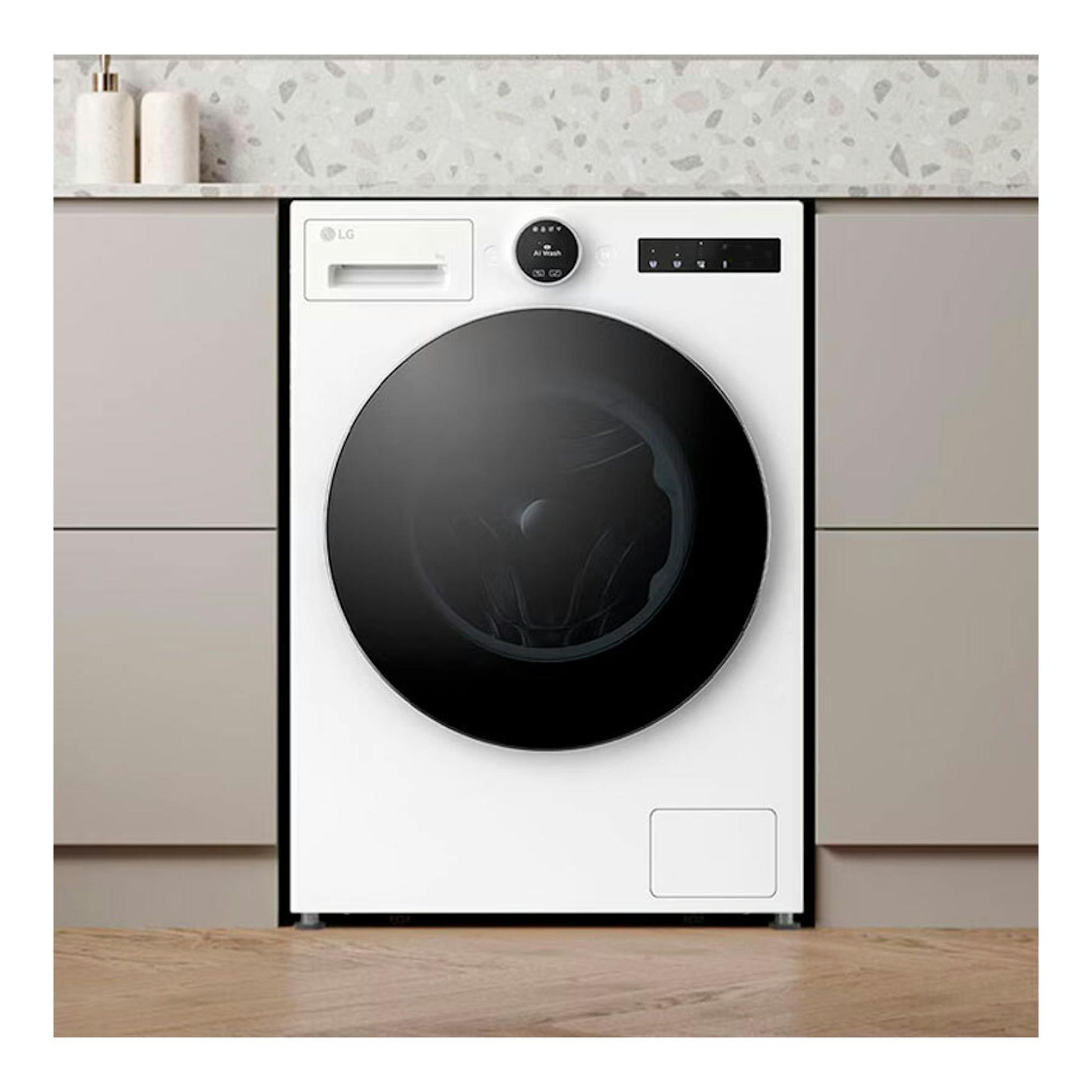 Lavadora LG F4X9009TWCE blanca, vista frontal, con puerta circular negra y panel superior.
