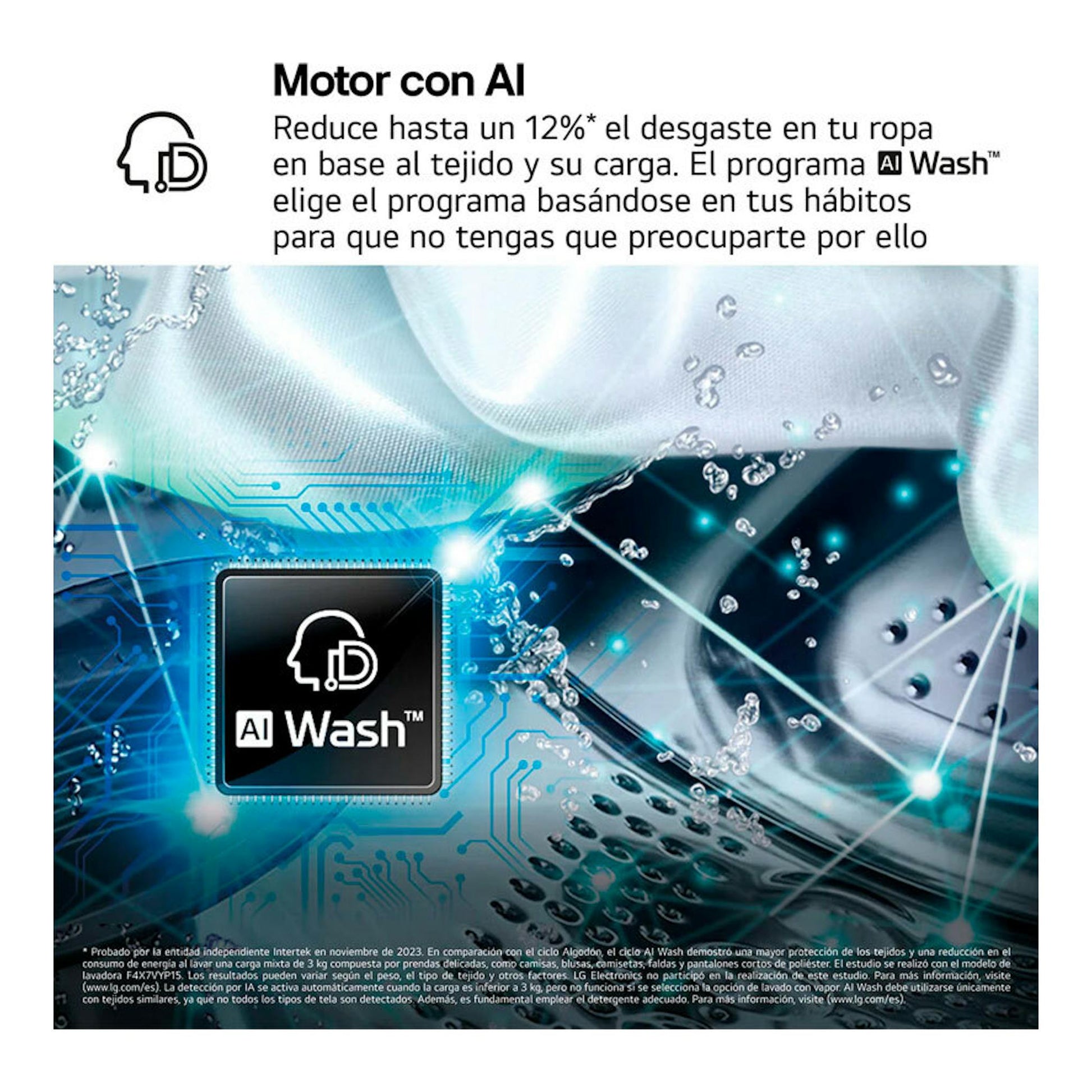 Gráfico promocional de lavadora LG F4X9009TWCE con icono AI Wash y texto sobre motor con IA, en blanco y azul.