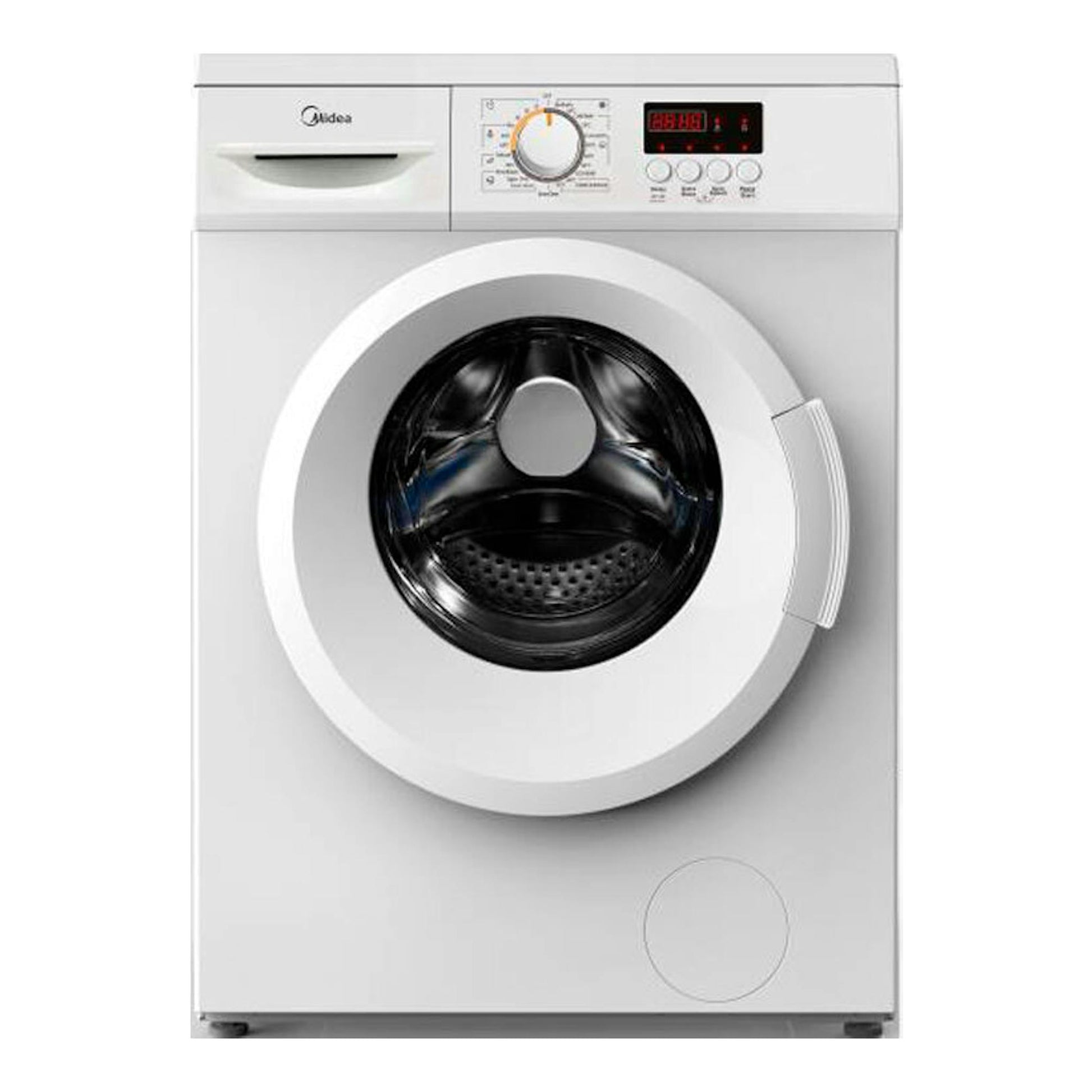 Lavadora frontal Midea MFE70-UI408B blanca, vista frontal con puerta redonda y panel digital superior.