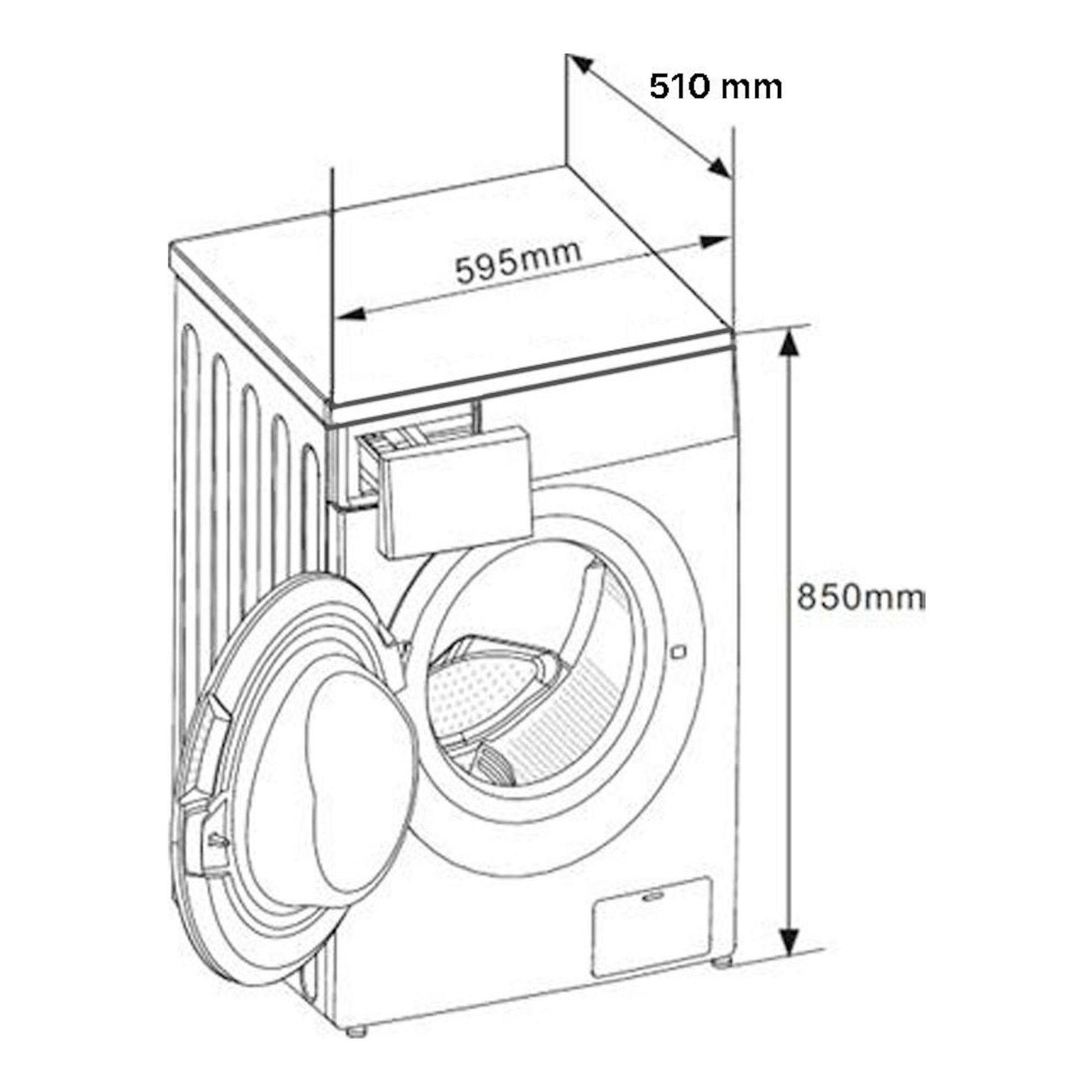 Lavadora Midea MFE70-UI408B, vista frontal isométrica con puerta abierta y medidas 595x510x850 mm