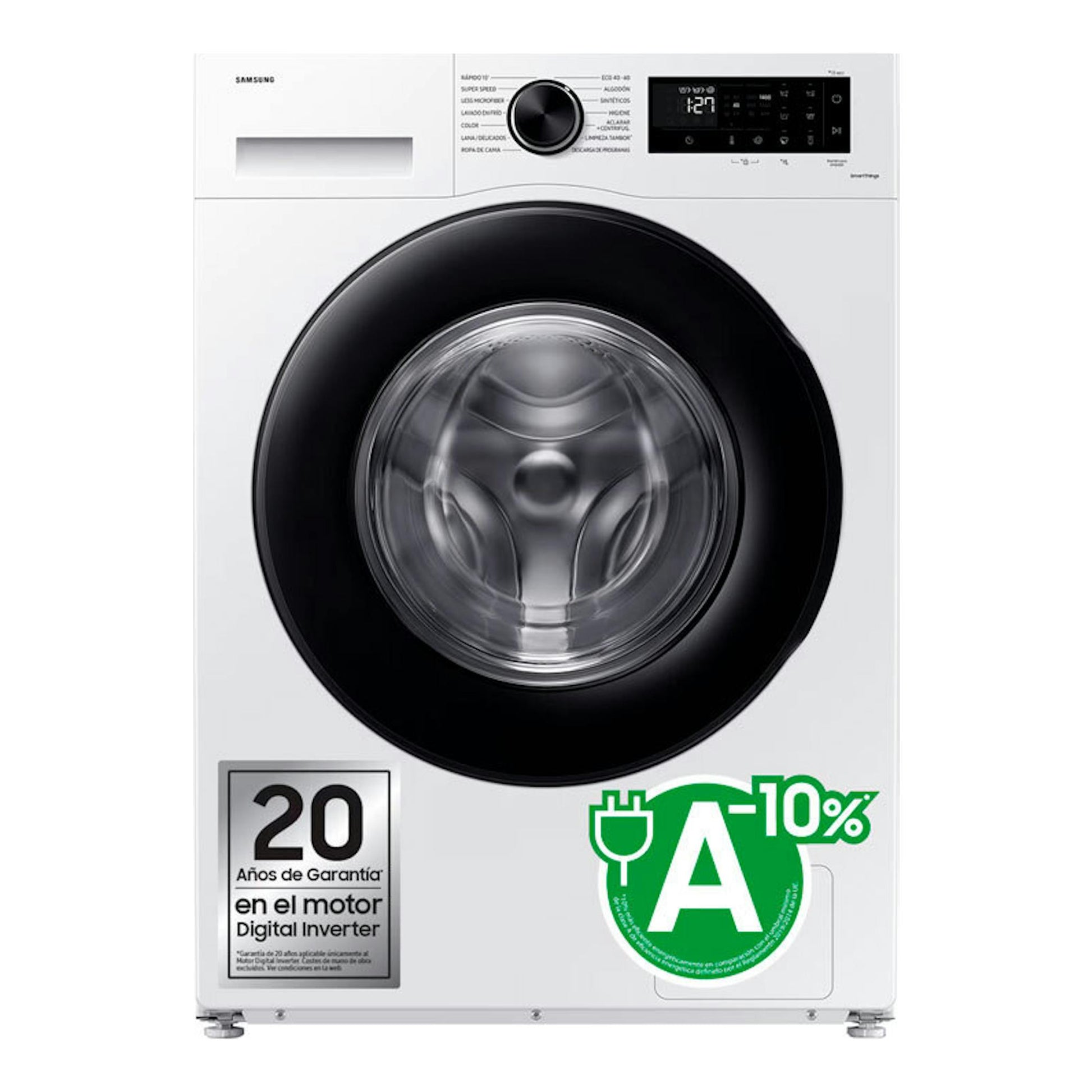 Lavadora Samsung WW11DG5B25AEEC blanca, vista frontal, con puerta circular negra y panel digital superior.