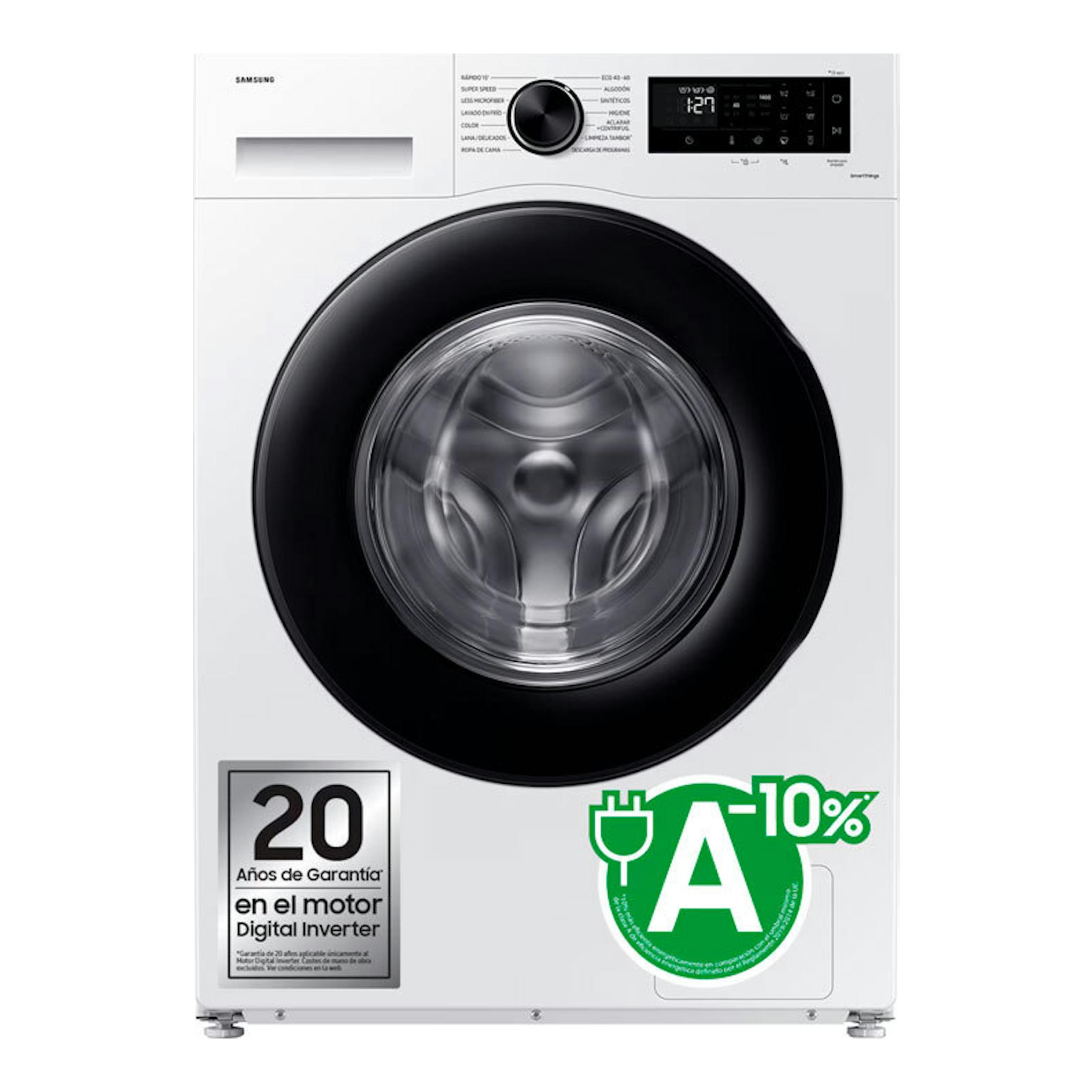 Lavadora Samsung WW11DG5B25AEEC blanca, vista frontal, con puerta circular negra y panel digital superior.