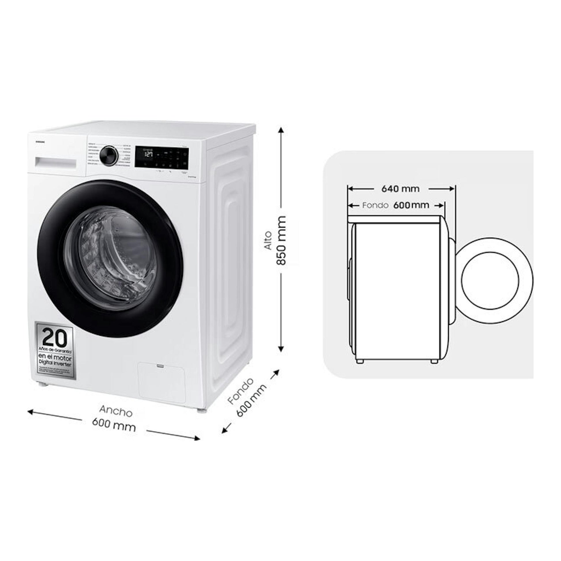 Lavadora Samsung WW11DG5B25AEEC blanca de carga frontal, vista 3/4, con medidas 600x600x850 mm.
