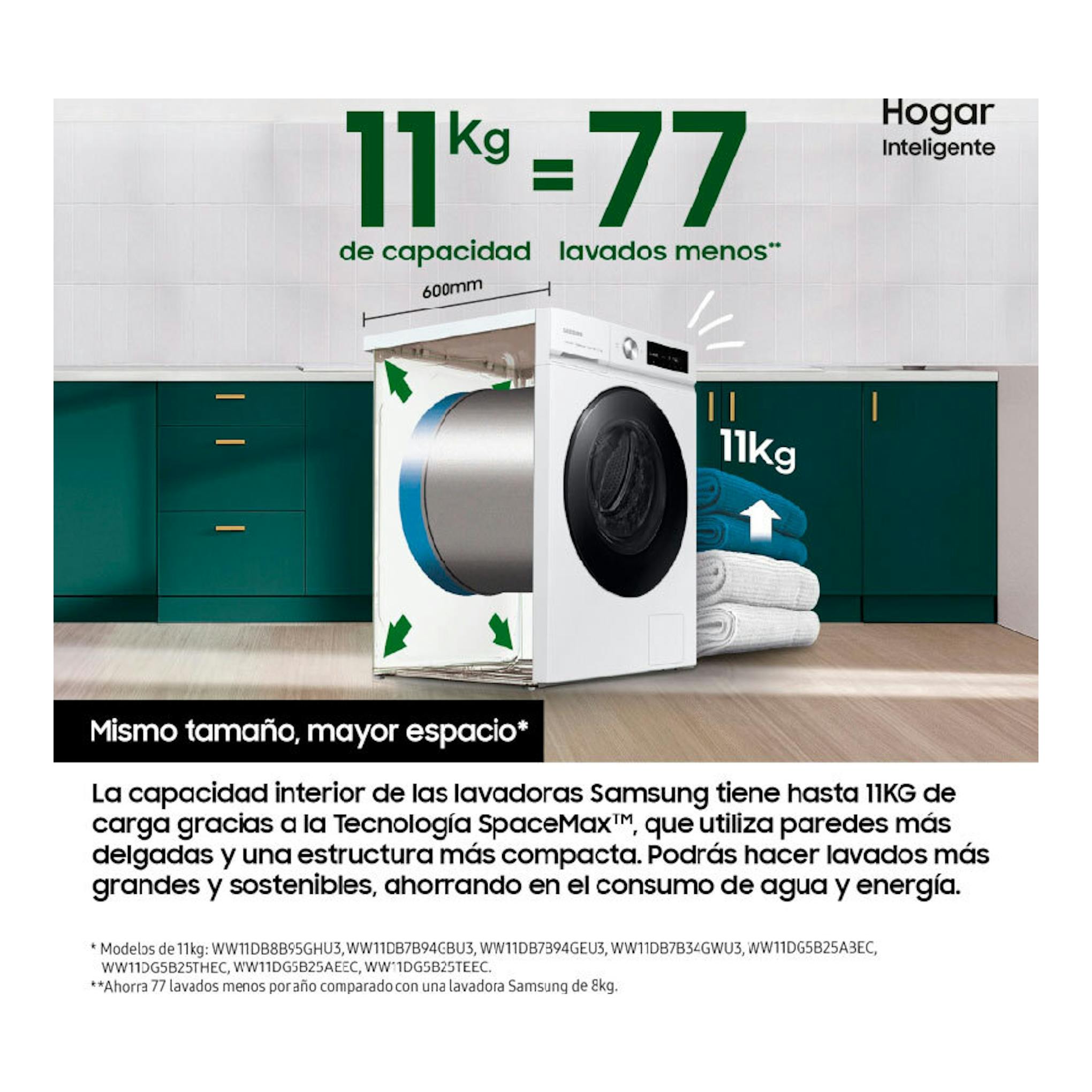Lavadora Samsung WW11DG5B25AEEC blanca, de carga frontal, en cocina; vista promocional con tambor visible.