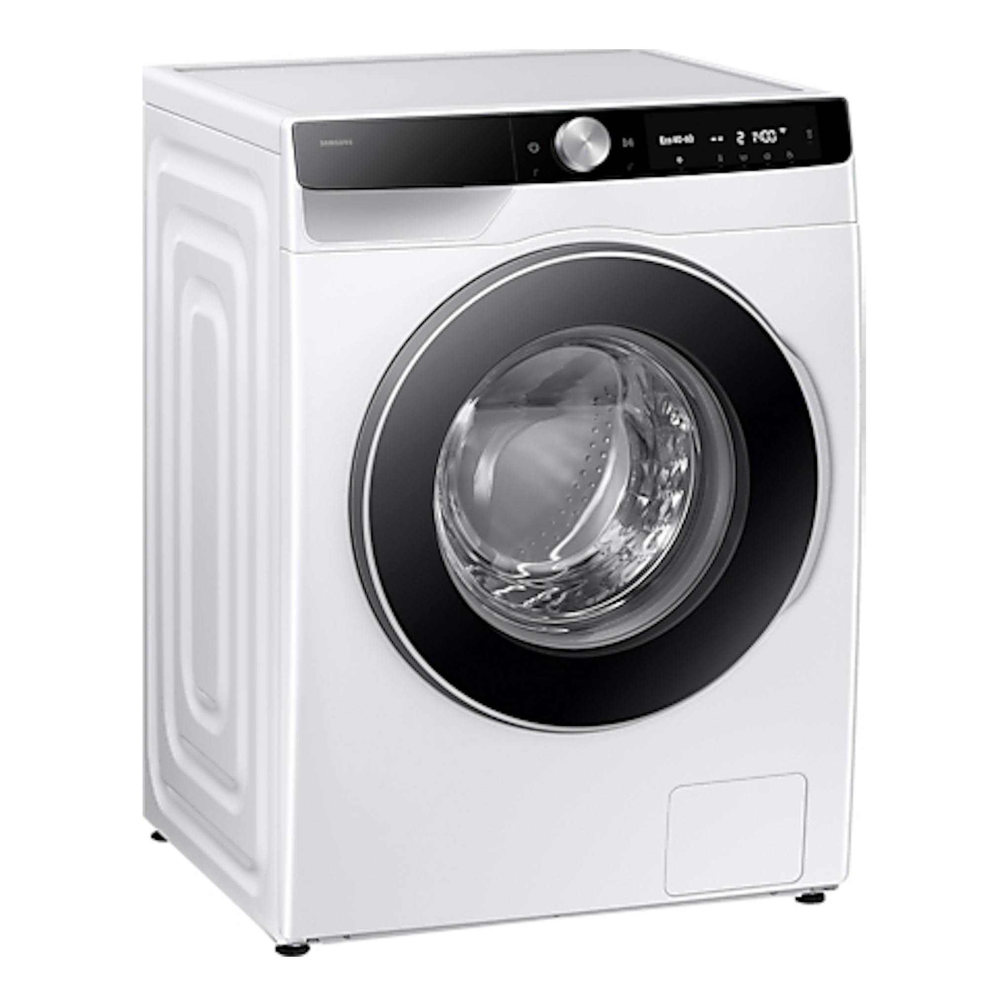 Lavadora Samsung WW11DG6B85LKU3 blanca, vista frontal en tres cuartos, con puerta circular negra.