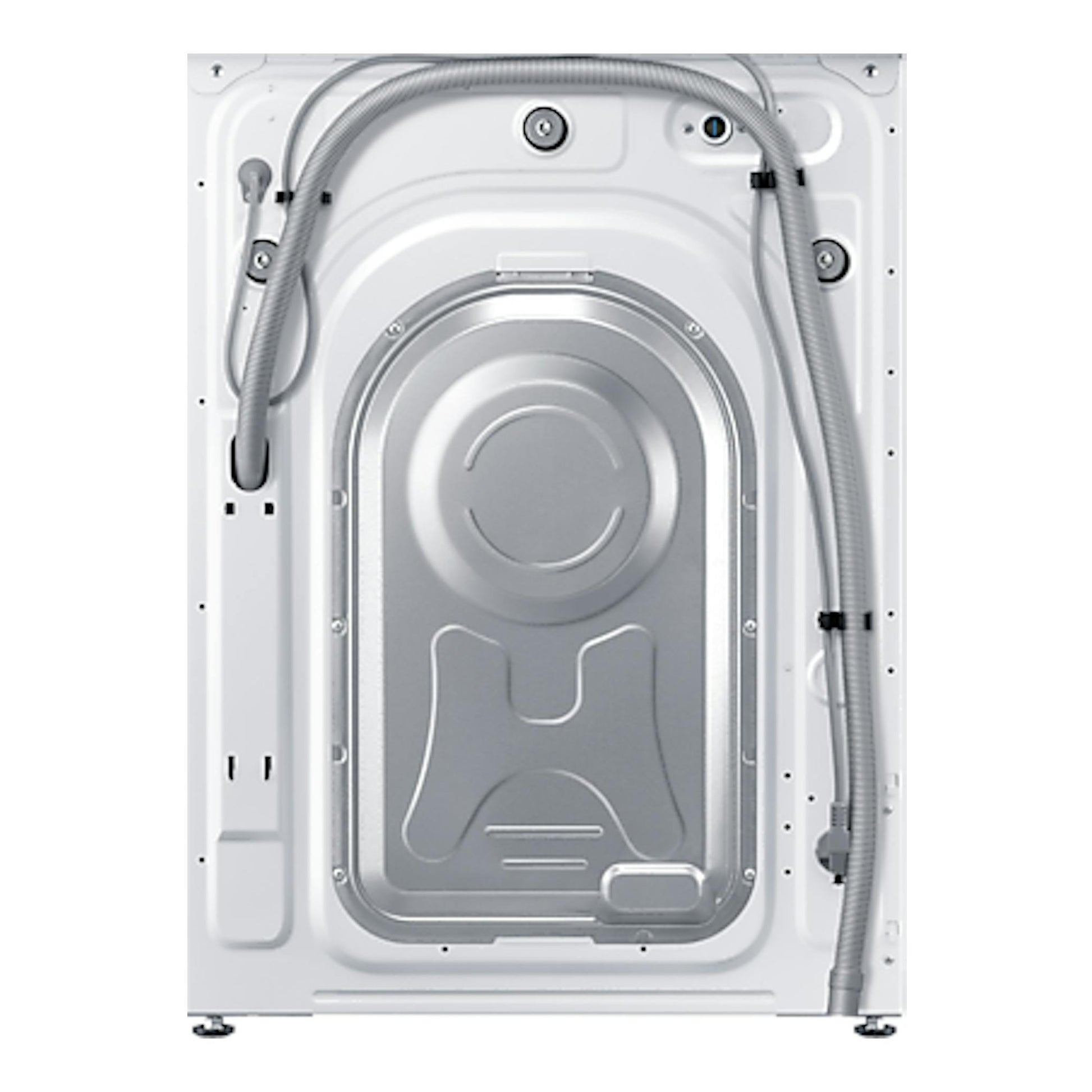 Lavadora Samsung WW11DG6B85LKU3 blanca, vista trasera con mangueras y panel metálico.