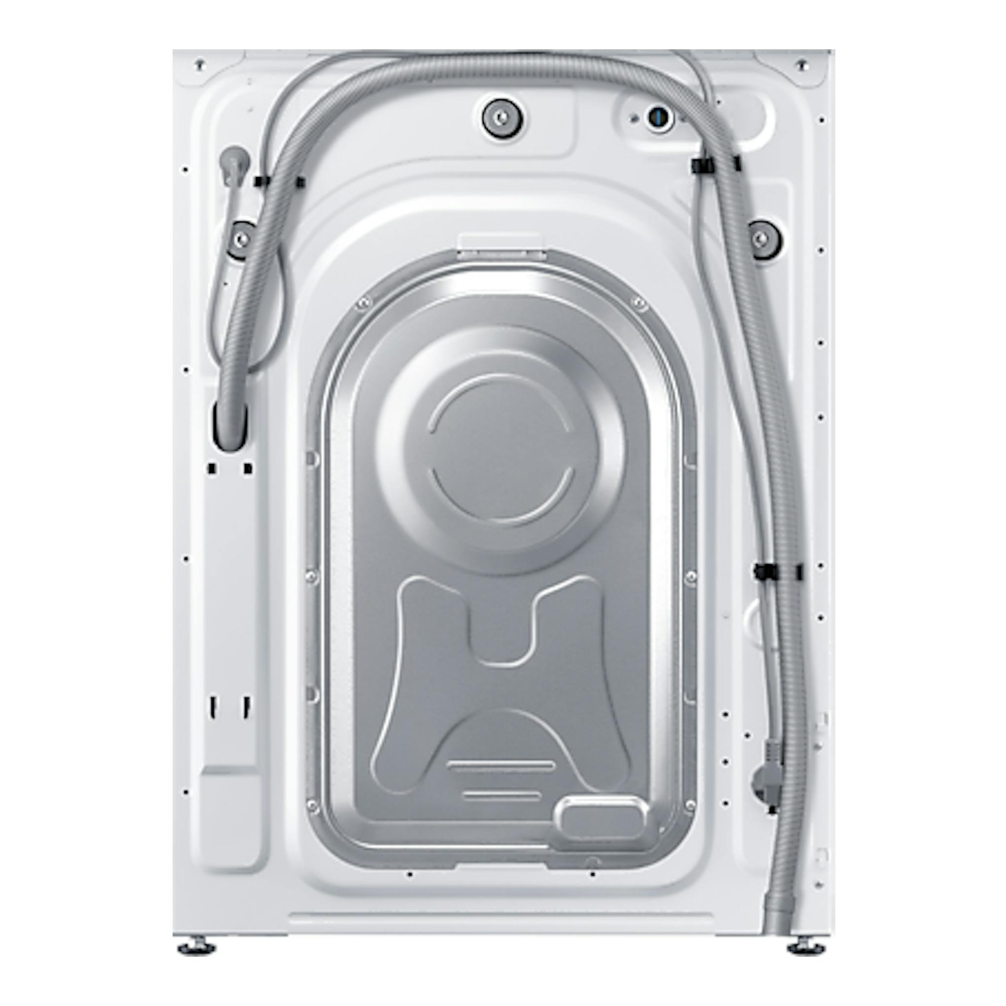 Lavadora Samsung WW11DG6B85LKU3 blanca, vista trasera con mangueras y panel metálico.