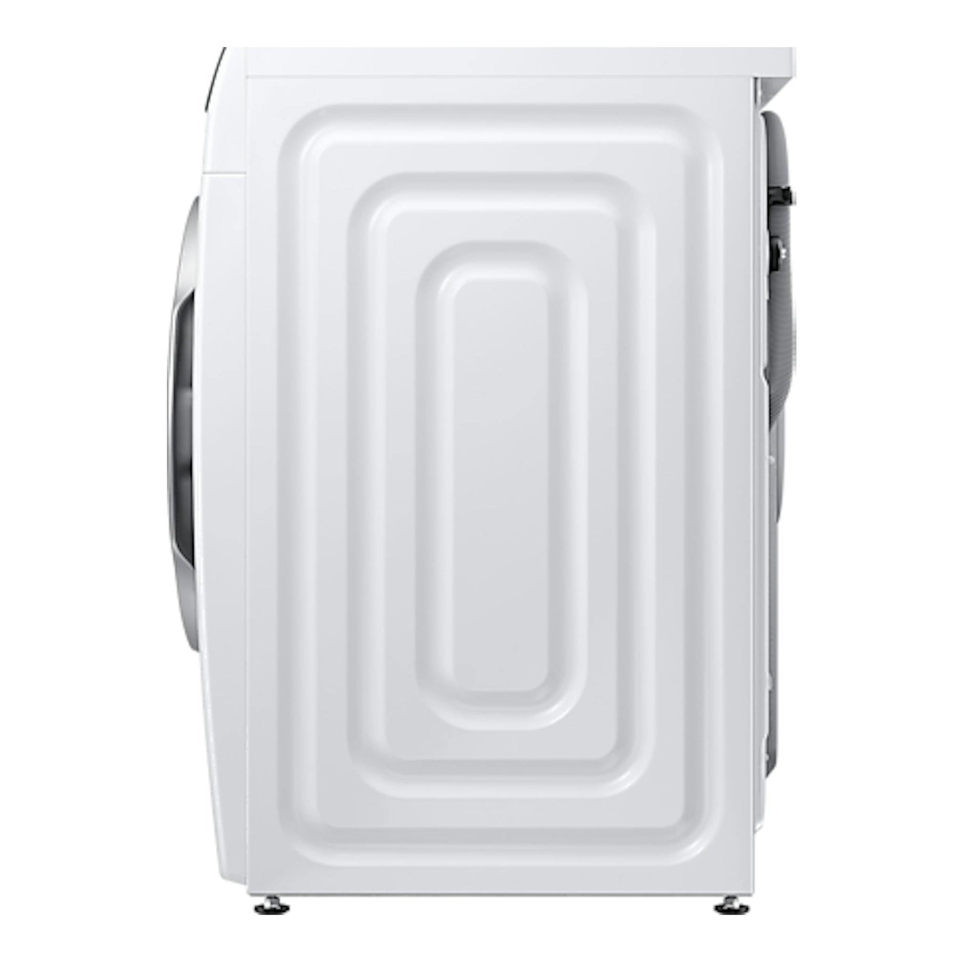 Lavadora Samsung WW11DG6B85LKU3 blanca, vista lateral, con puerta frontal y paneles laterales en relieve
