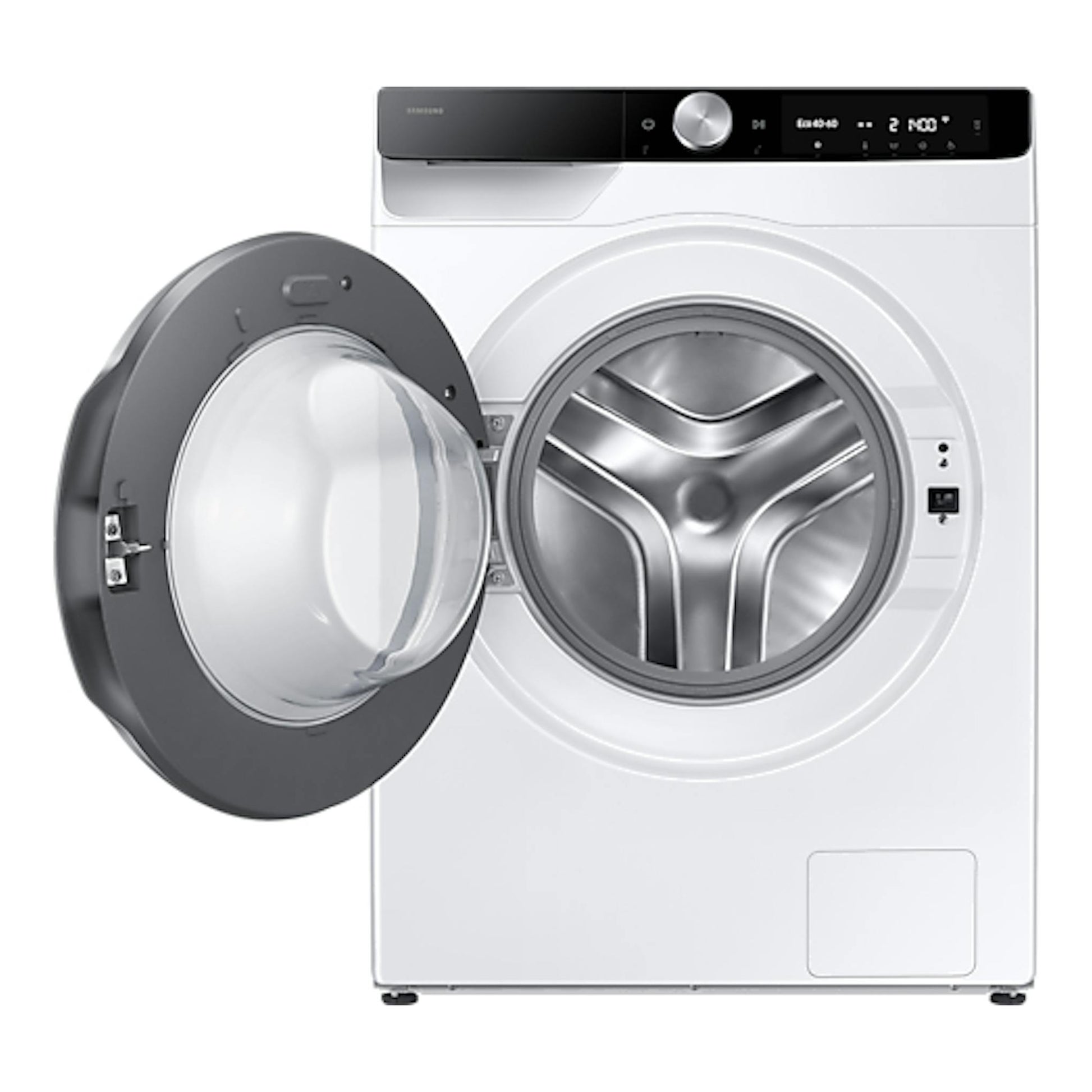 Lavadora Samsung WW11DG6B85LKU3 blanca, de carga frontal, vista frontal, con puerta abierta y panel superior negro.
