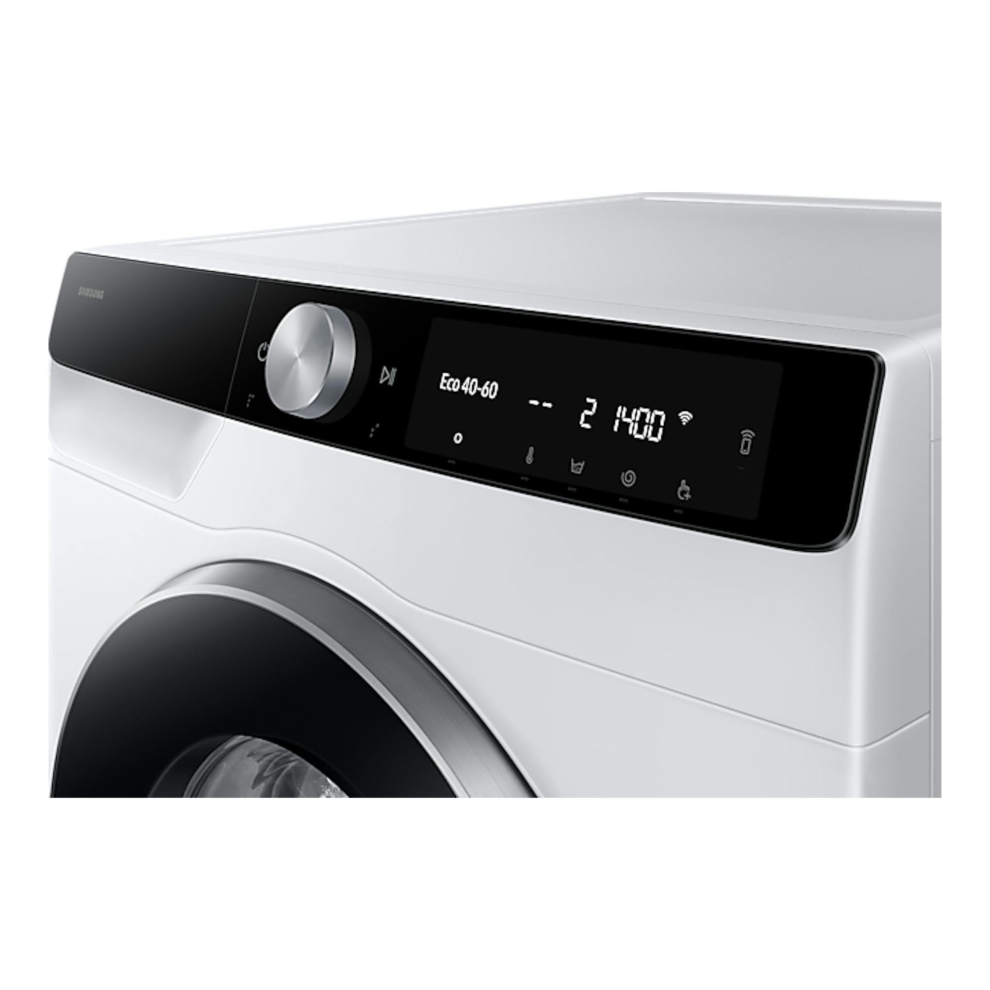 Lavadora Samsung WW11DG6B85LKU3 blanca, vista frontal en ángulo, con panel negro y puerta circular.