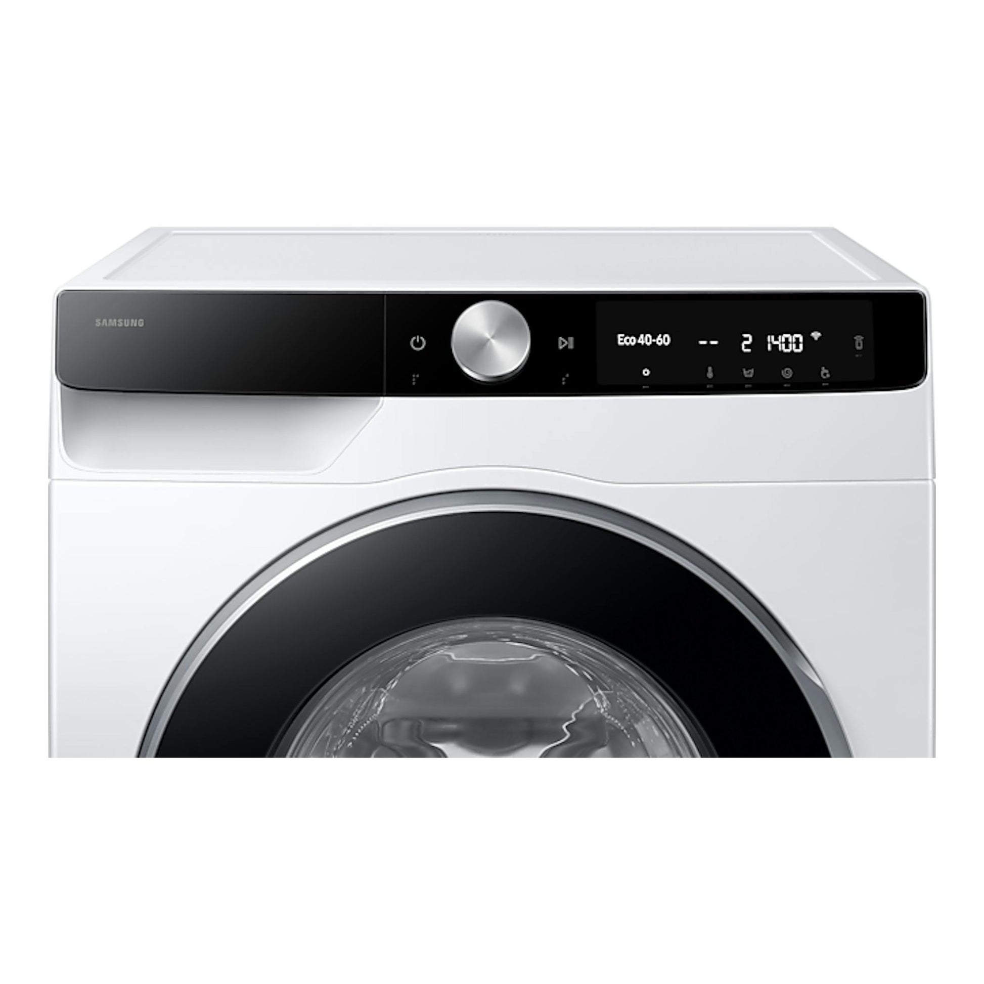 Lavadora Samsung WW11DG6B85LKU3 blanca, vista frontal, con panel negro y puerta circular.