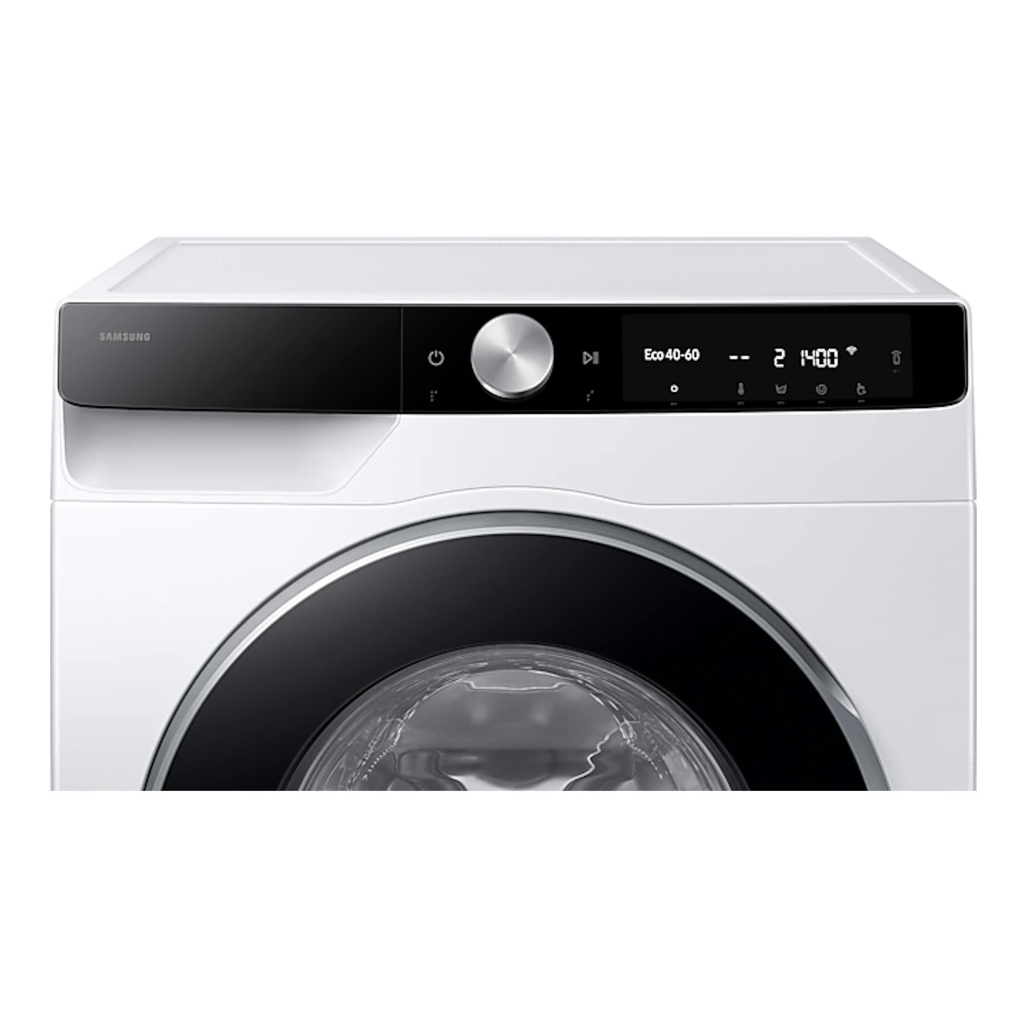 Lavadora Samsung WW11DG6B85LKU3 blanca, vista frontal, con panel negro y puerta circular.